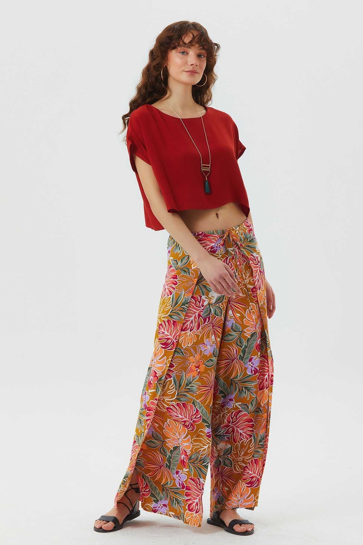 Boat Neck Oversize Bohemian Crop Top Orange