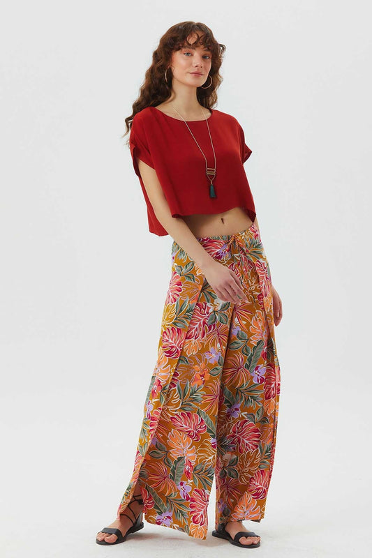 Boat Neck Oversize Bohemian Crop Top Orange