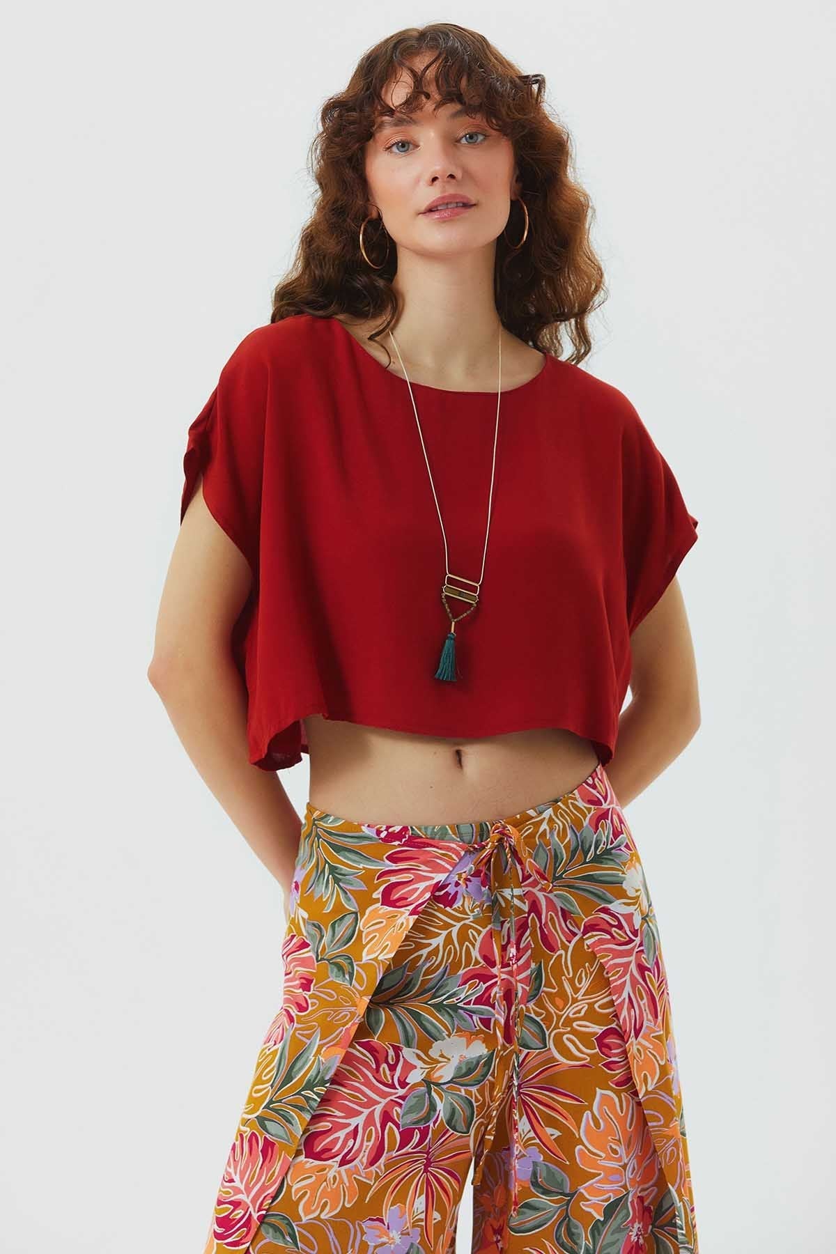 Boat Neck Oversize Bohemian Crop Top Orange