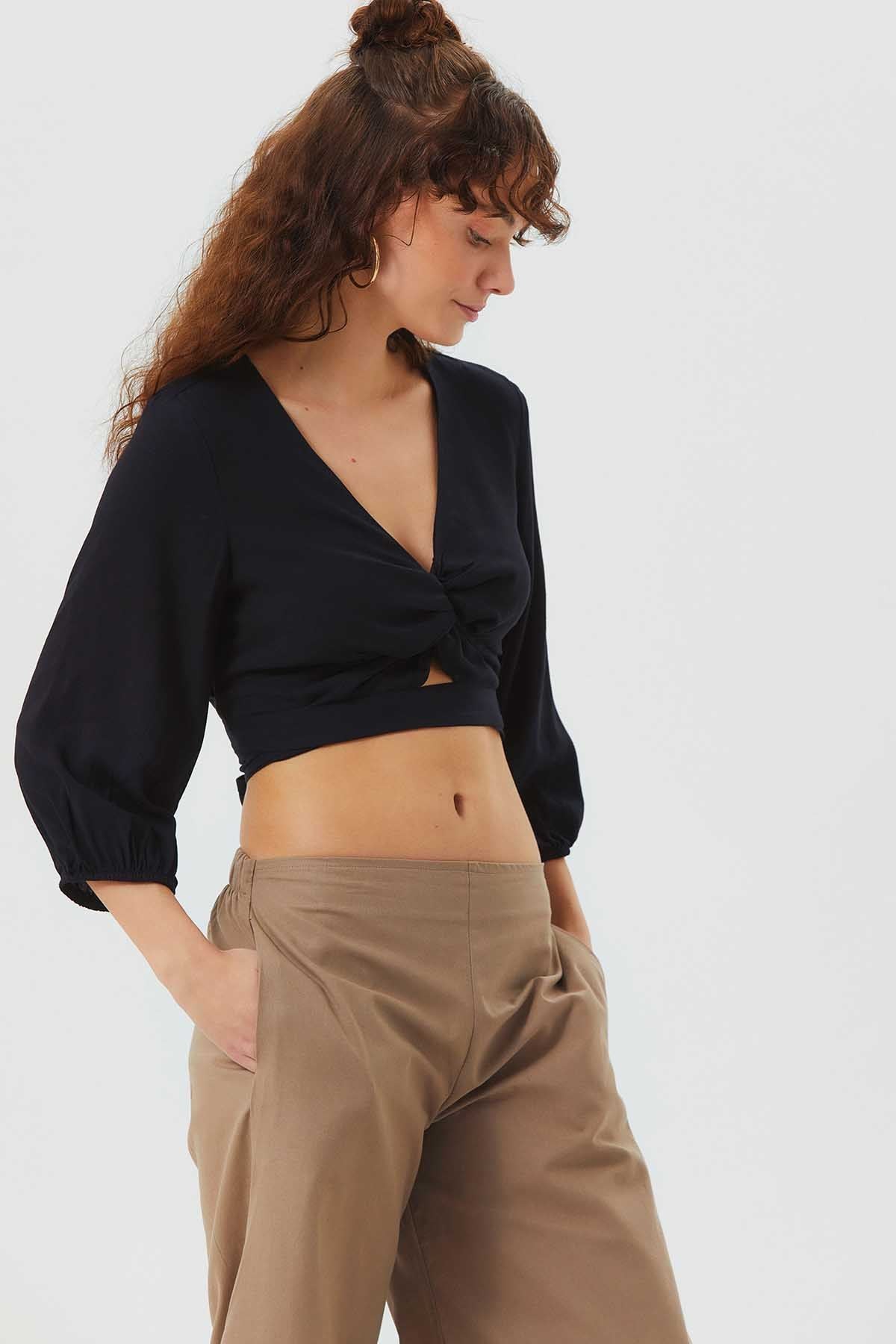 Knot Front Crop Top with Cutout Detail Black