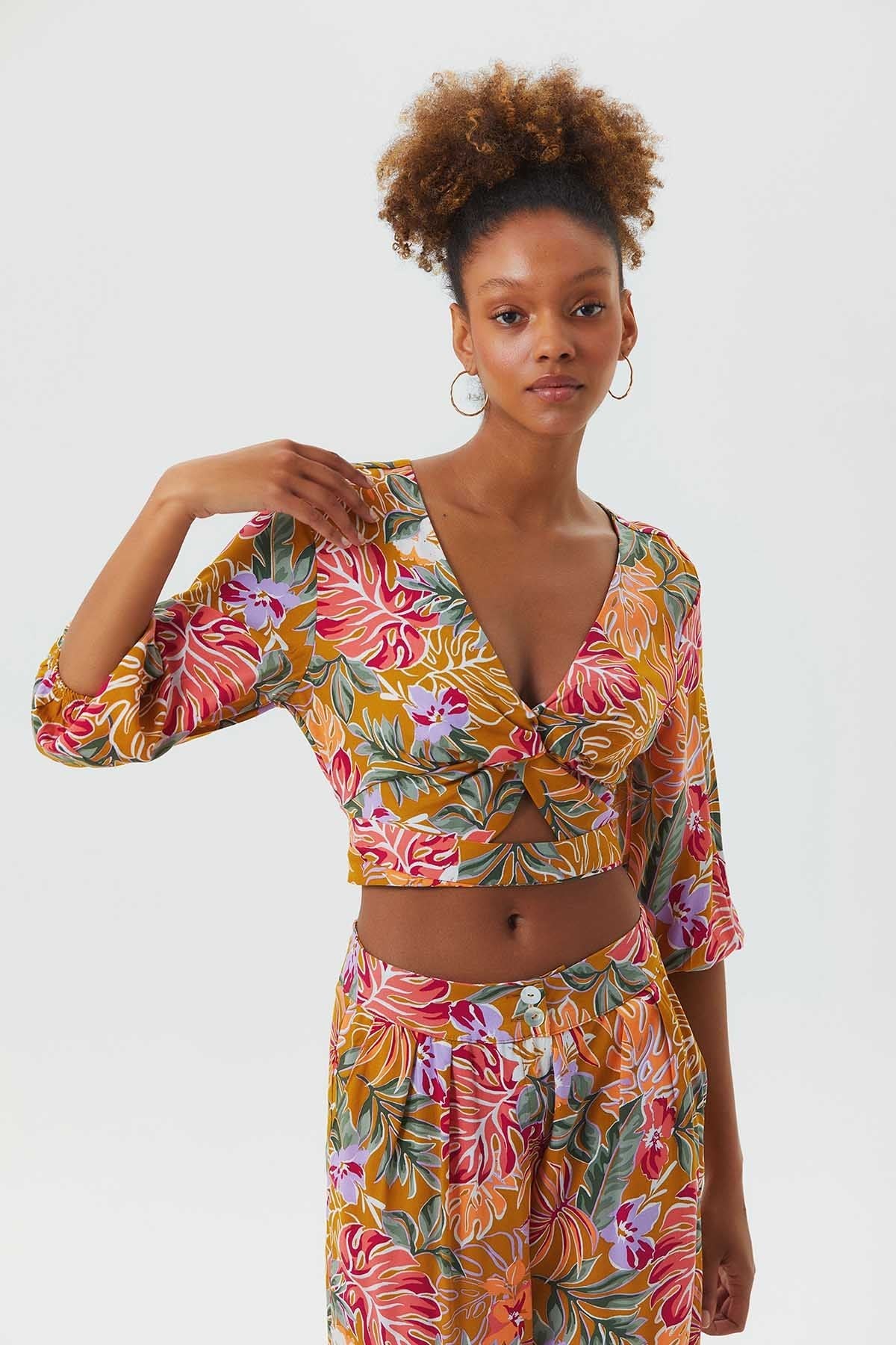 Knot Front Crop Top with Cutout Detail Mustard