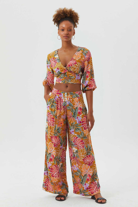 Knot Front Crop Top with Cutout Detail Mustard