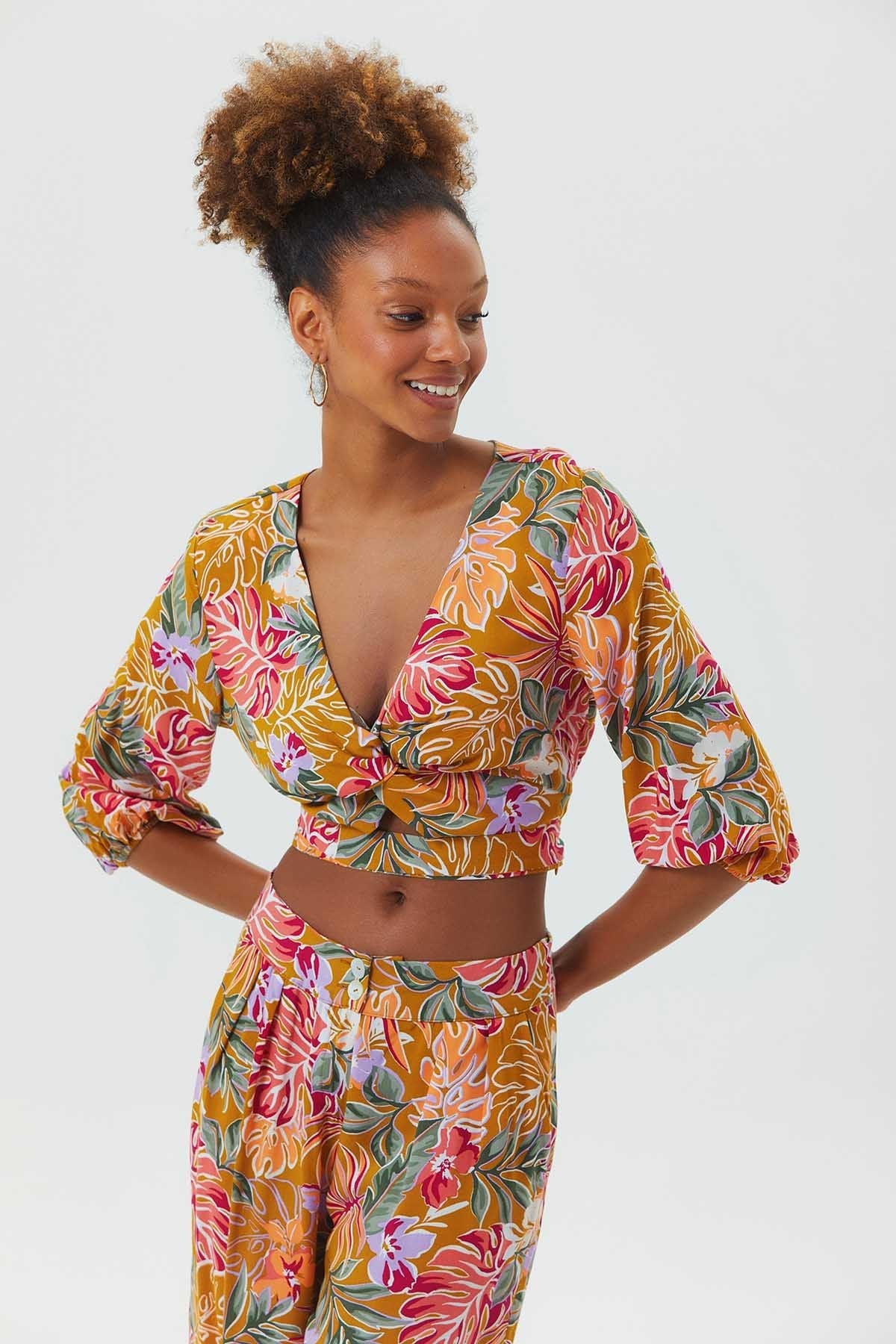 Knot Front Crop Top with Cutout Detail Mustard