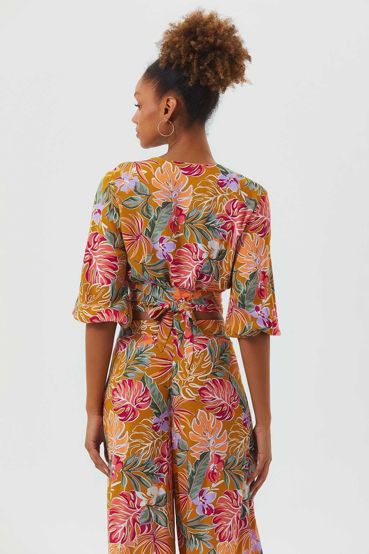 Knot Front Crop Top with Cutout Detail Mustard