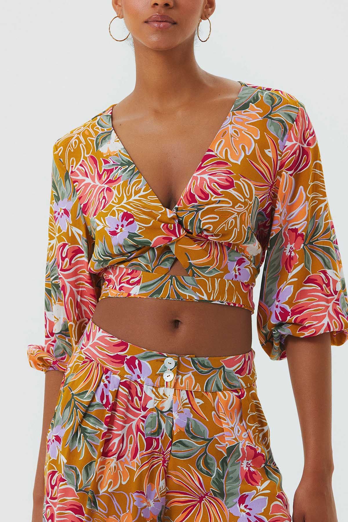 Knot Front Crop Top with Cutout Detail Mustard
