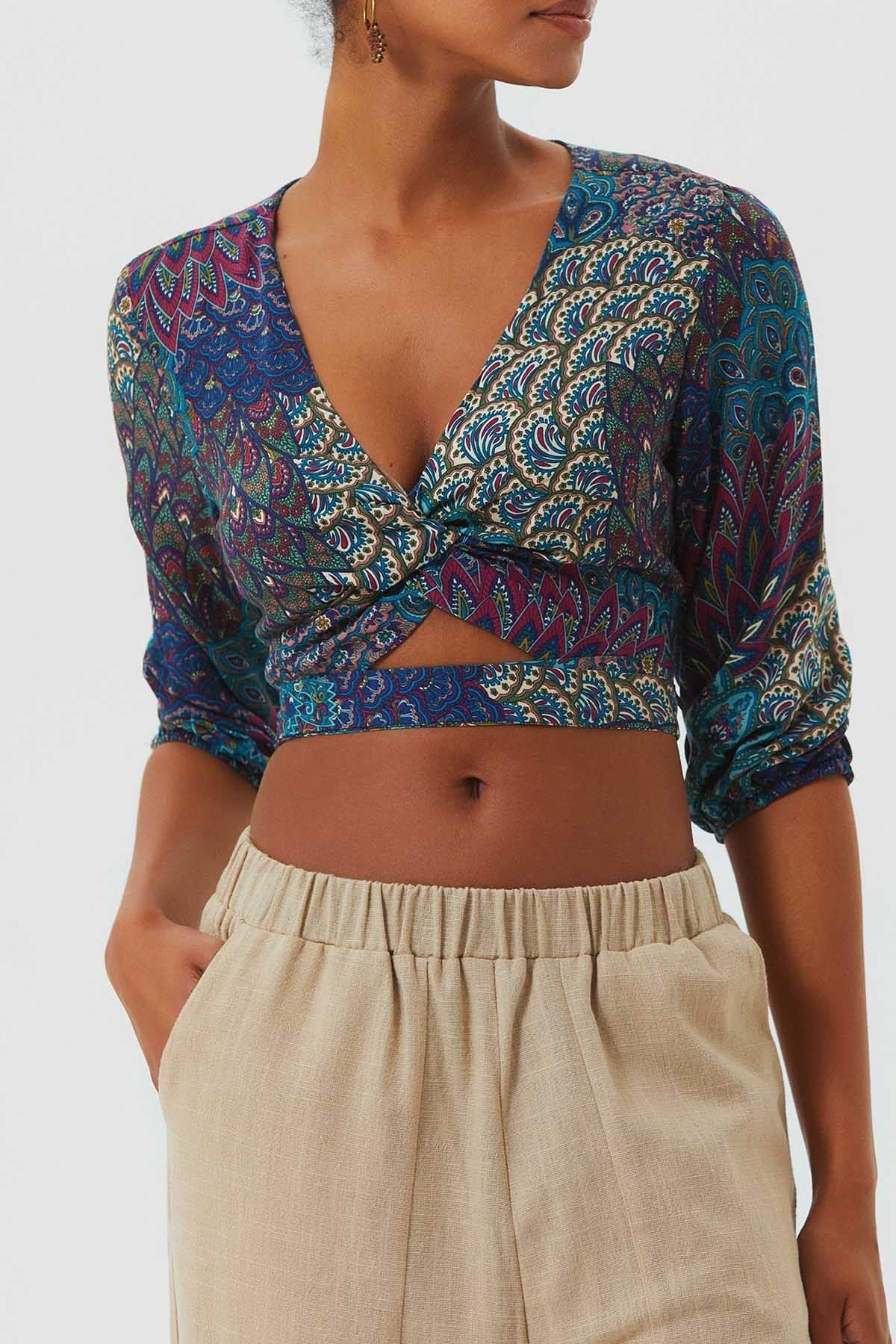 Knot Front Crop Top with Cutout Detail Turquoise