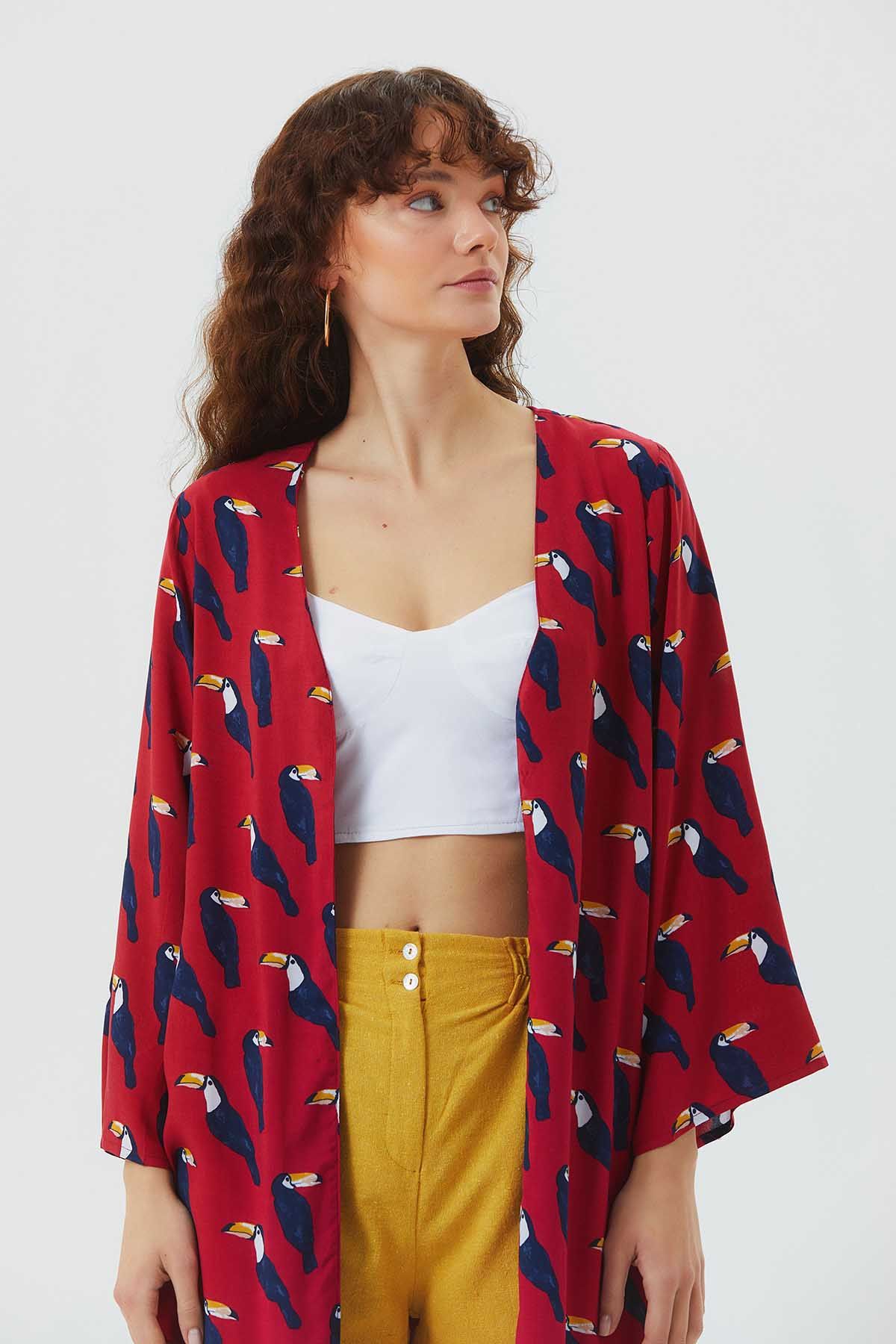 Long Sleeve Patterned Authentic Kimono Red