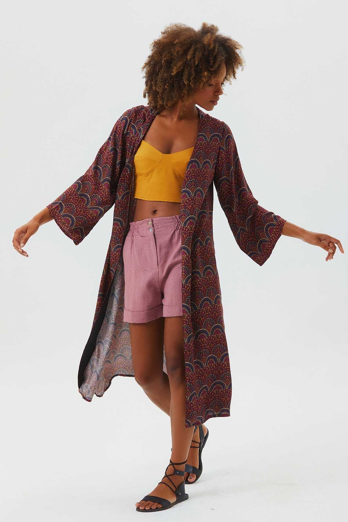 Long Sleeve Patterned Authentic Kimono Purple