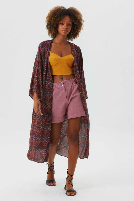 Long Sleeve Patterned Authentic Kimono Purple