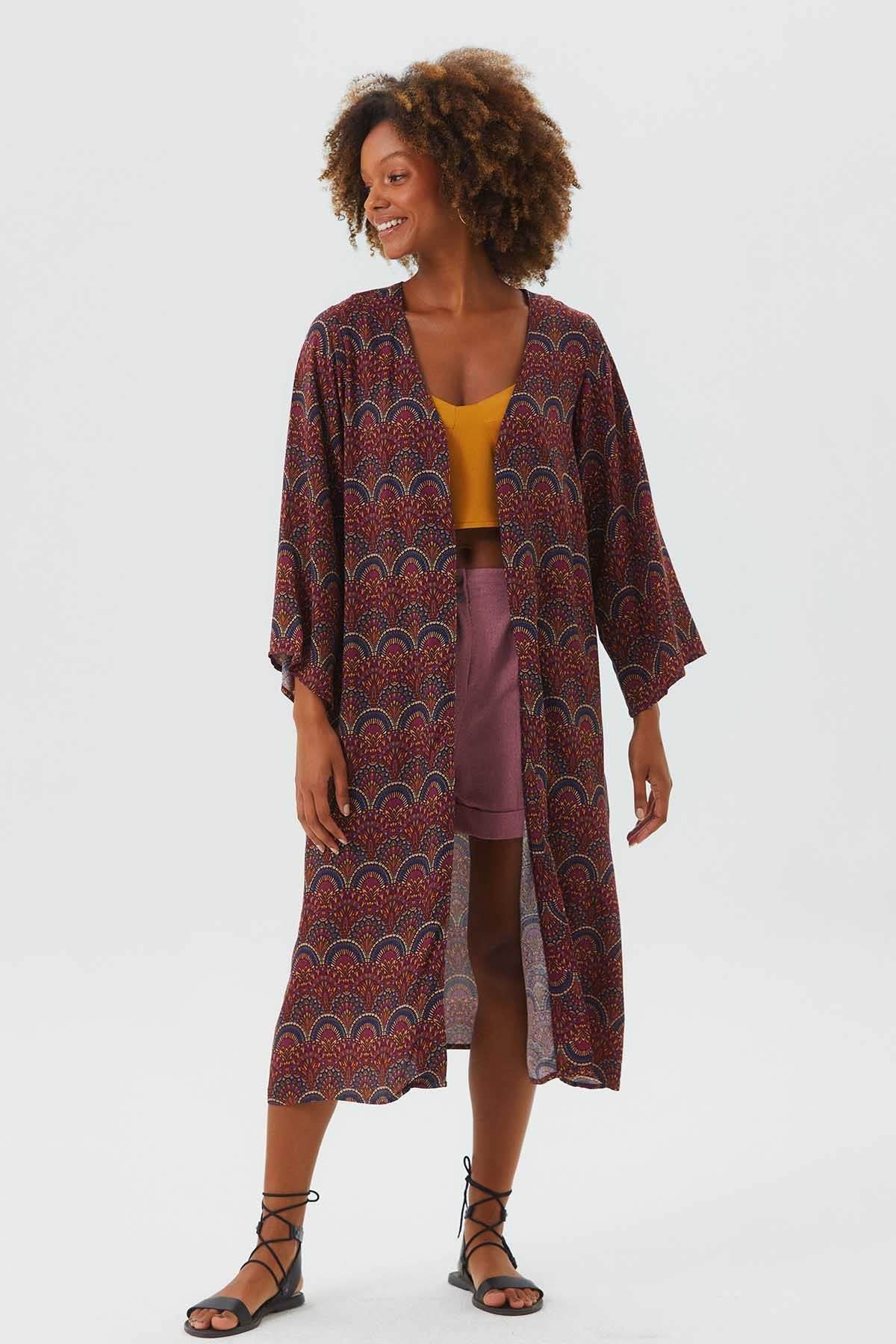 Long Sleeve Patterned Authentic Kimono Purple