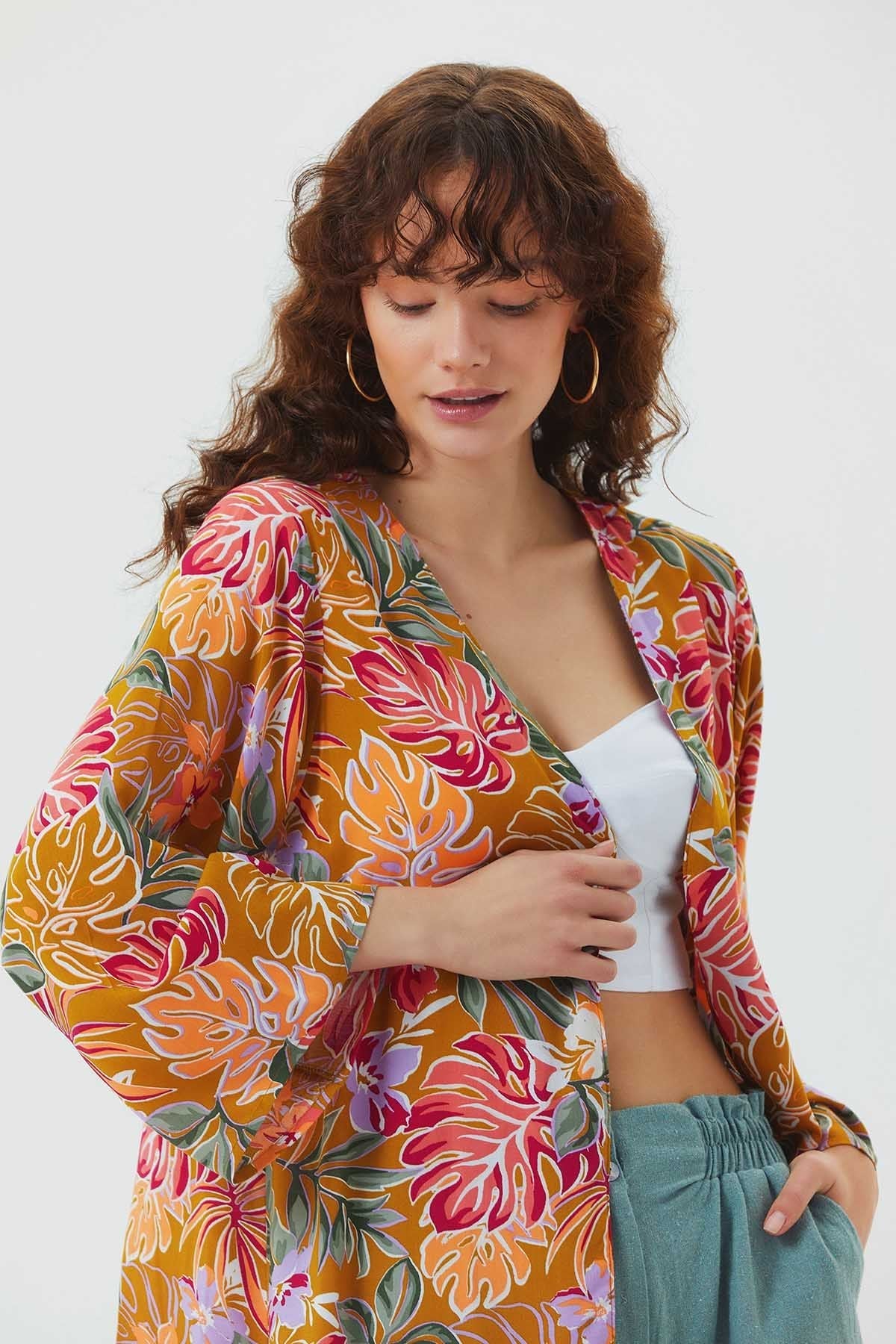 Long Sleeve Patterned Authentic Kimono Mustard