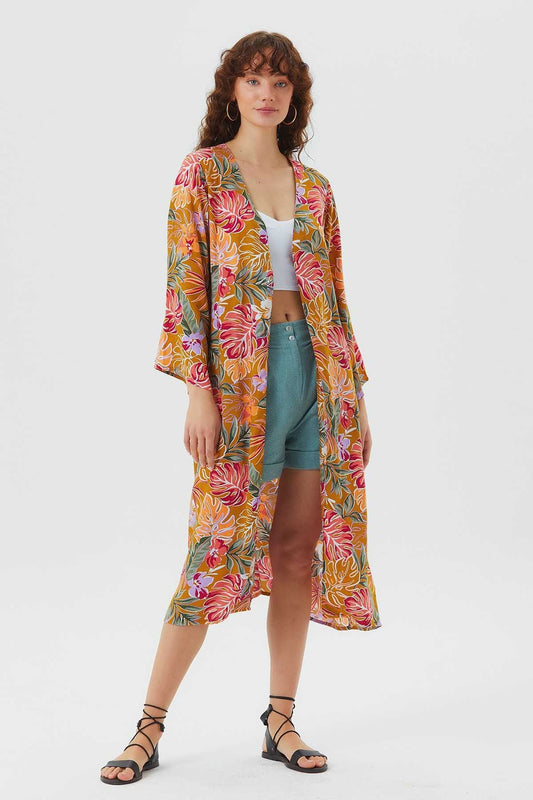 Long Sleeve Patterned Authentic Kimono Mustard