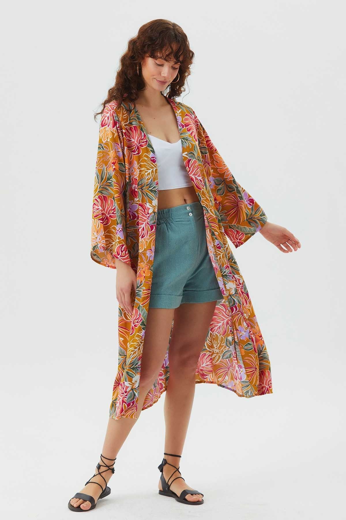 Long Sleeve Patterned Authentic Kimono Mustard