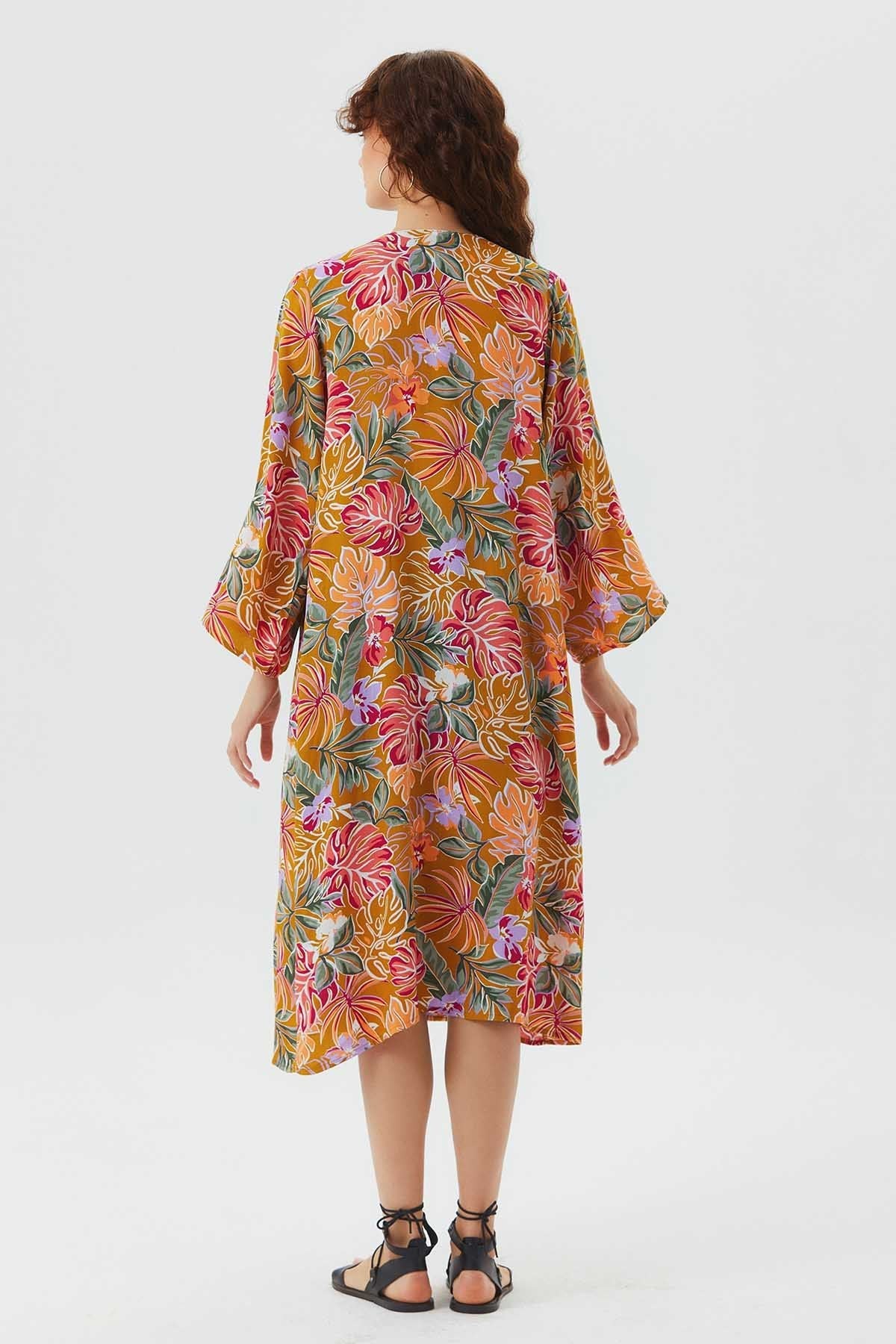 Long Sleeve Patterned Authentic Kimono Mustard