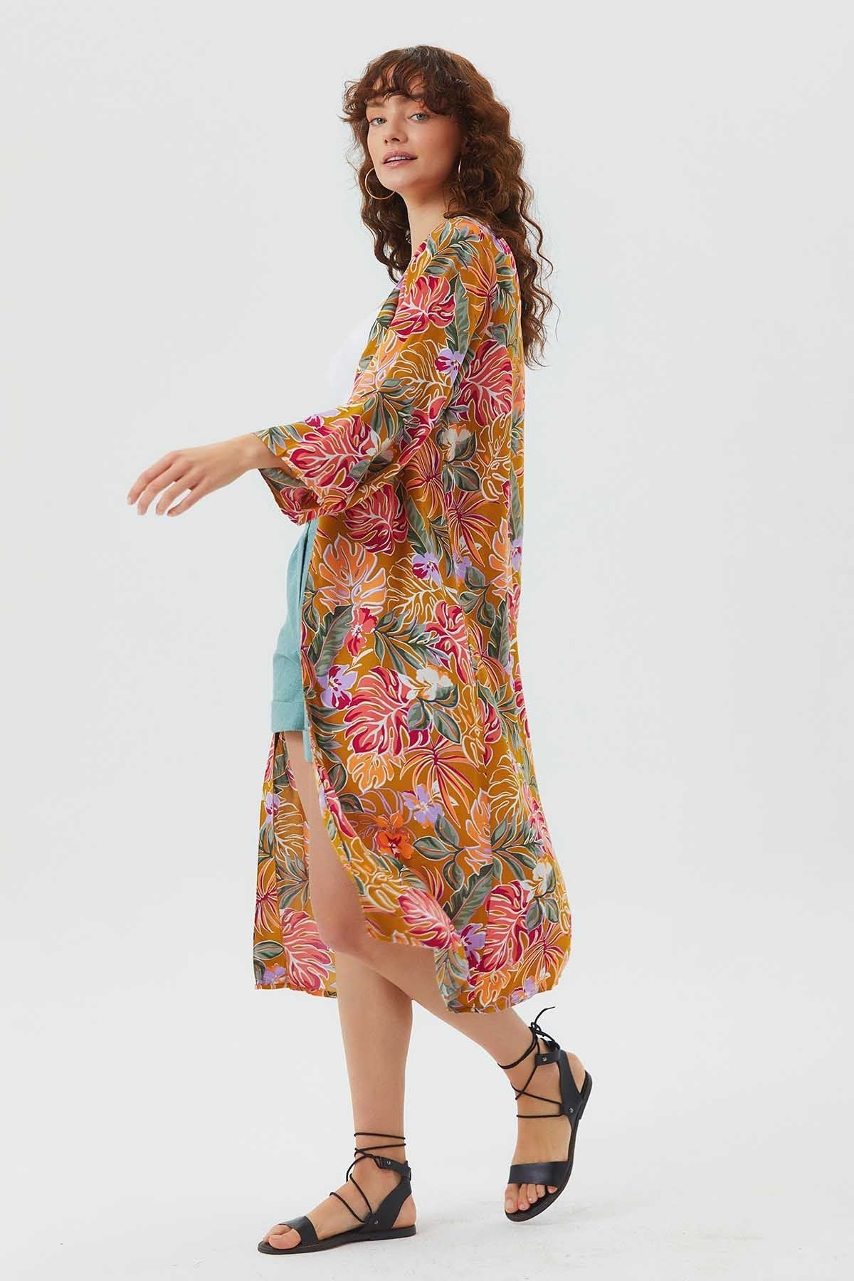 Long Sleeve Patterned Authentic Kimono Mustard
