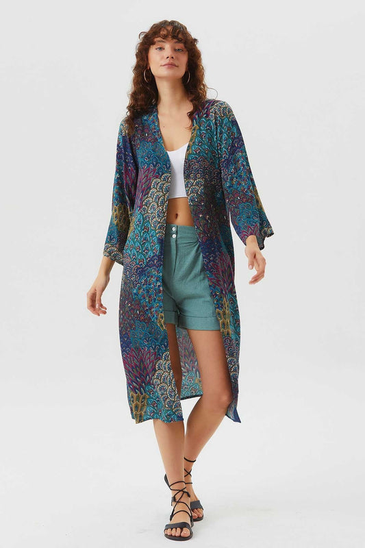 Long Sleeve Patterned Authentic Kimono Teal