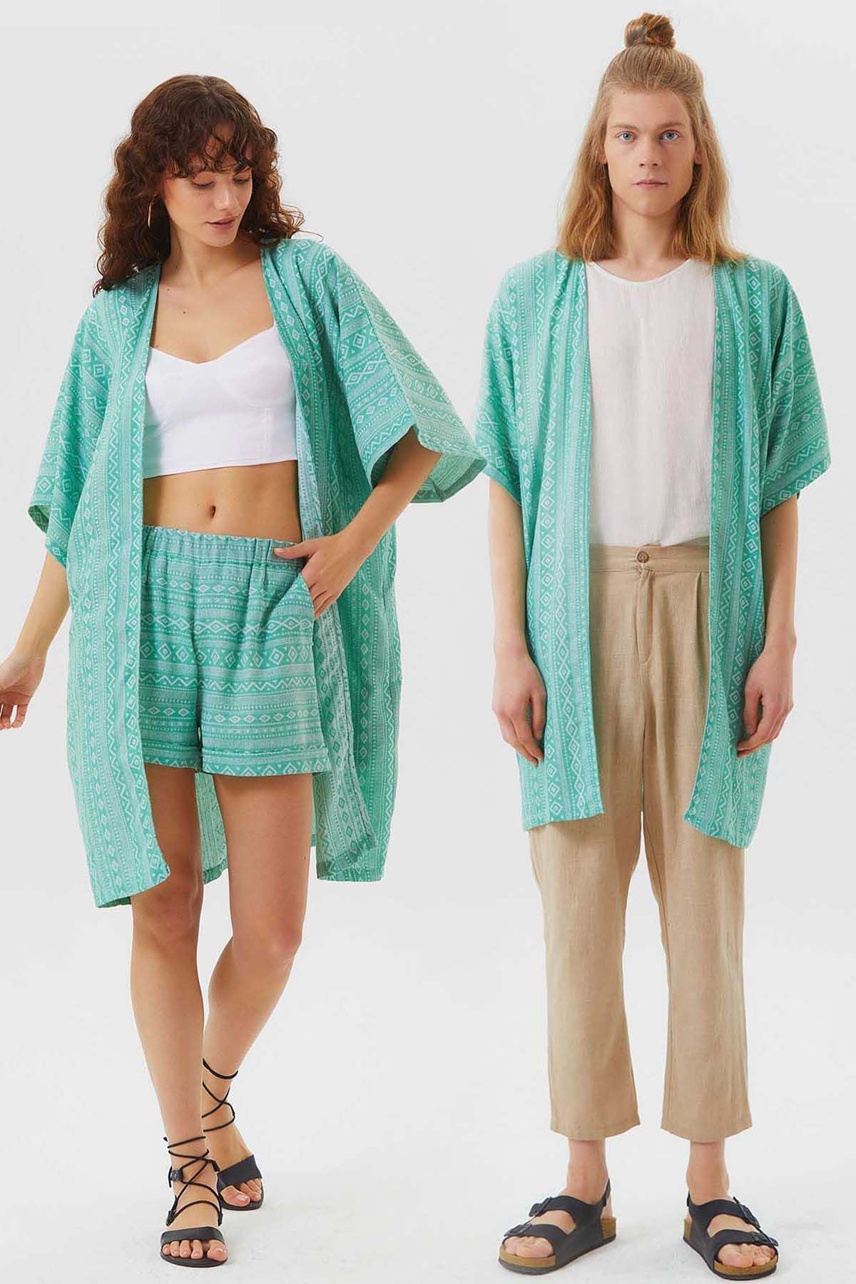 Short Sleeve Cotton Ethnic Kimono Green