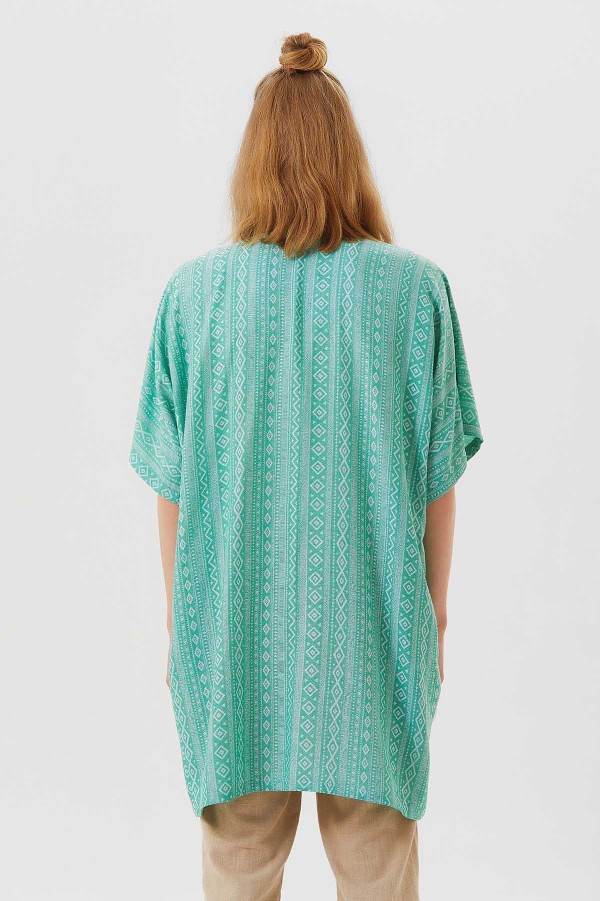 Short Sleeve Cotton Ethnic Kimono Green