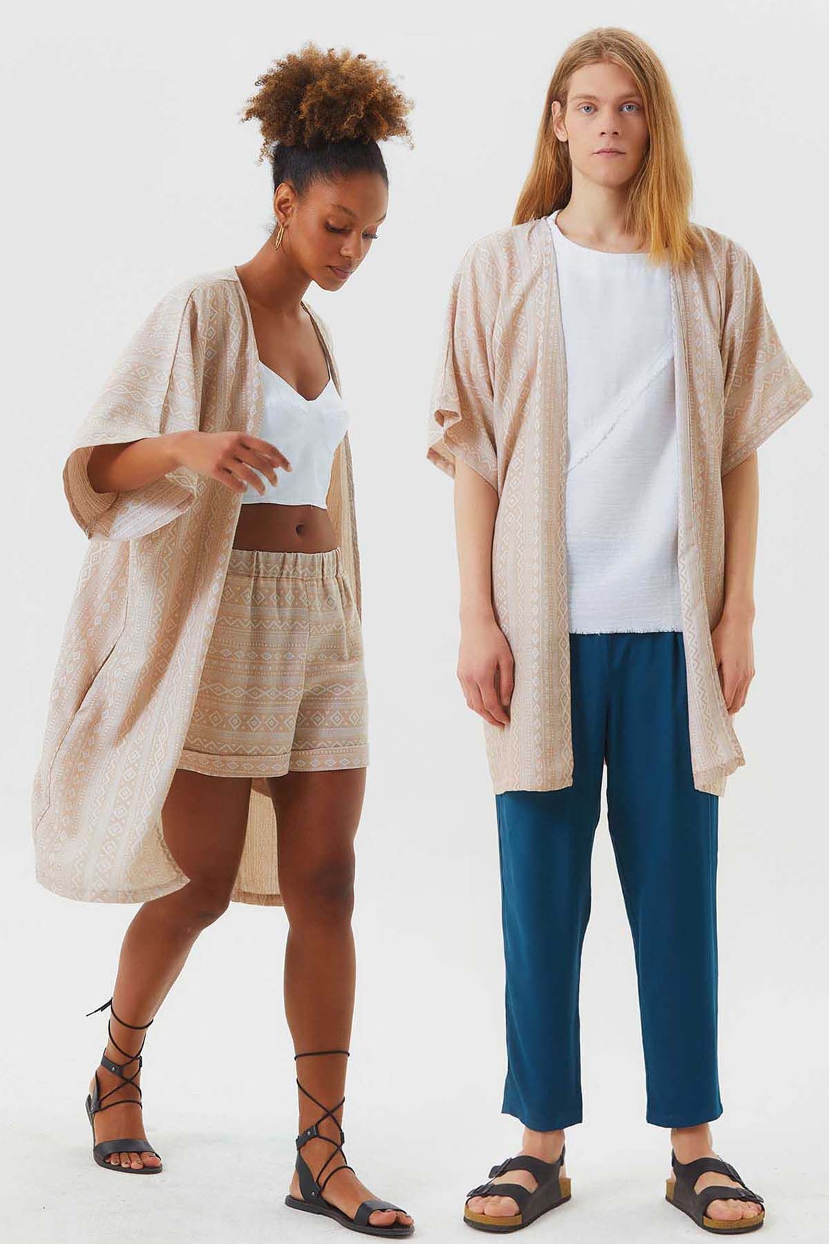 Short Sleeve Cotton Ethnic Kimono Beige