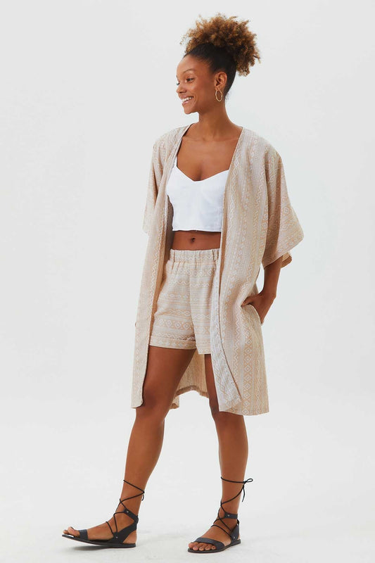 Short Sleeve Cotton Ethnic Kimono Beige