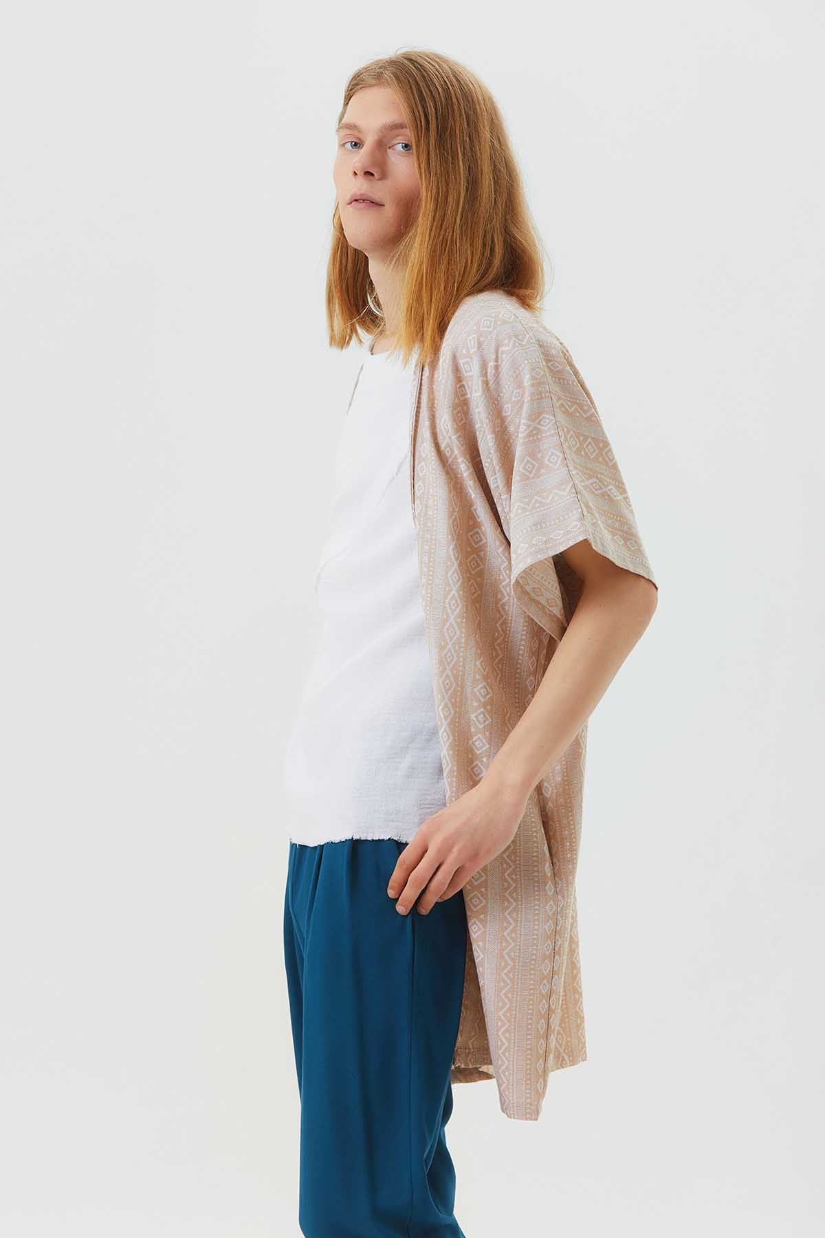 Short Sleeve Cotton Ethnic Kimono Beige