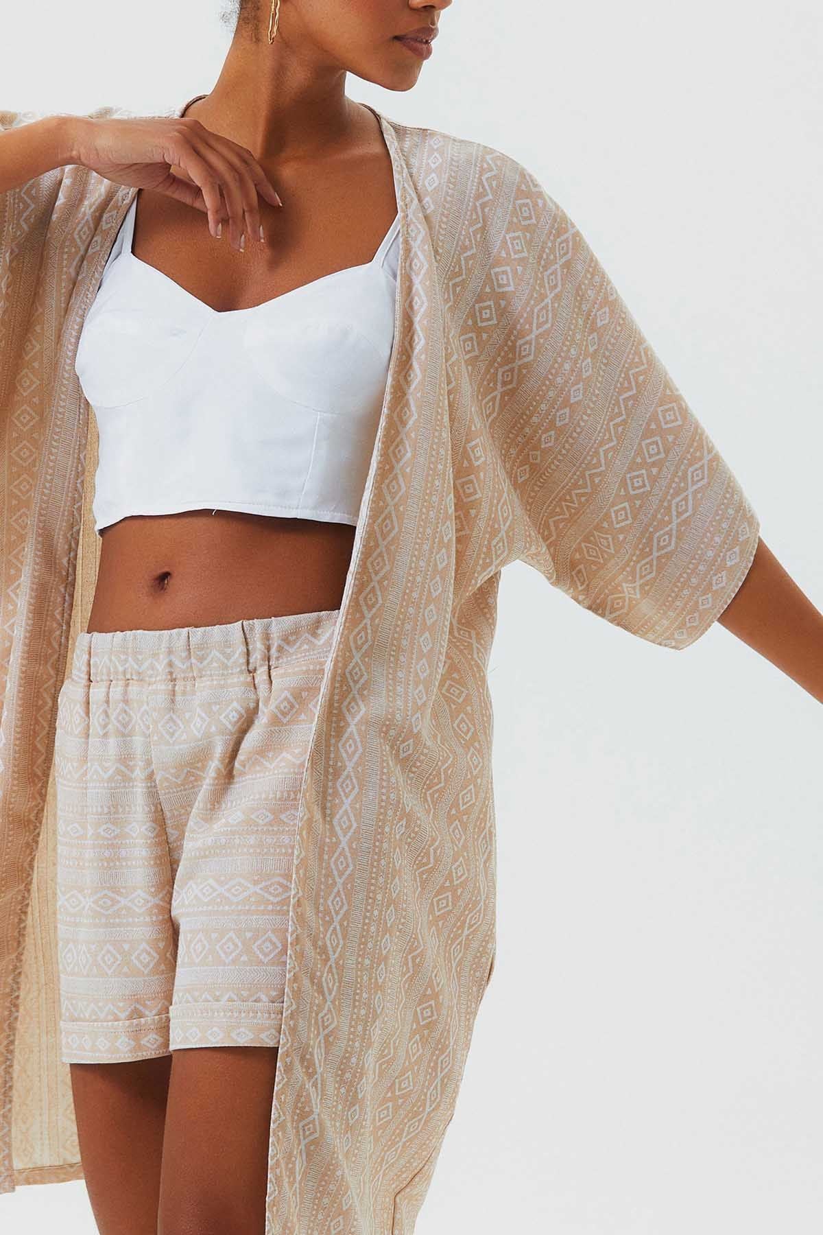 Short Sleeve Cotton Ethnic Kimono Beige