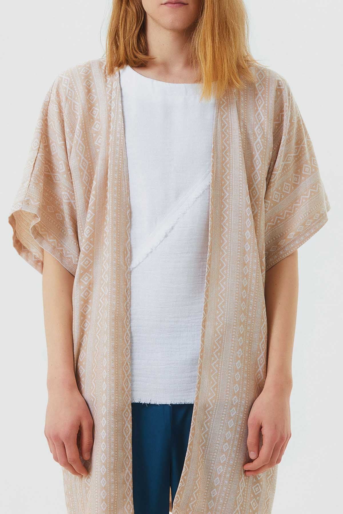 Short Sleeve Cotton Ethnic Kimono Beige