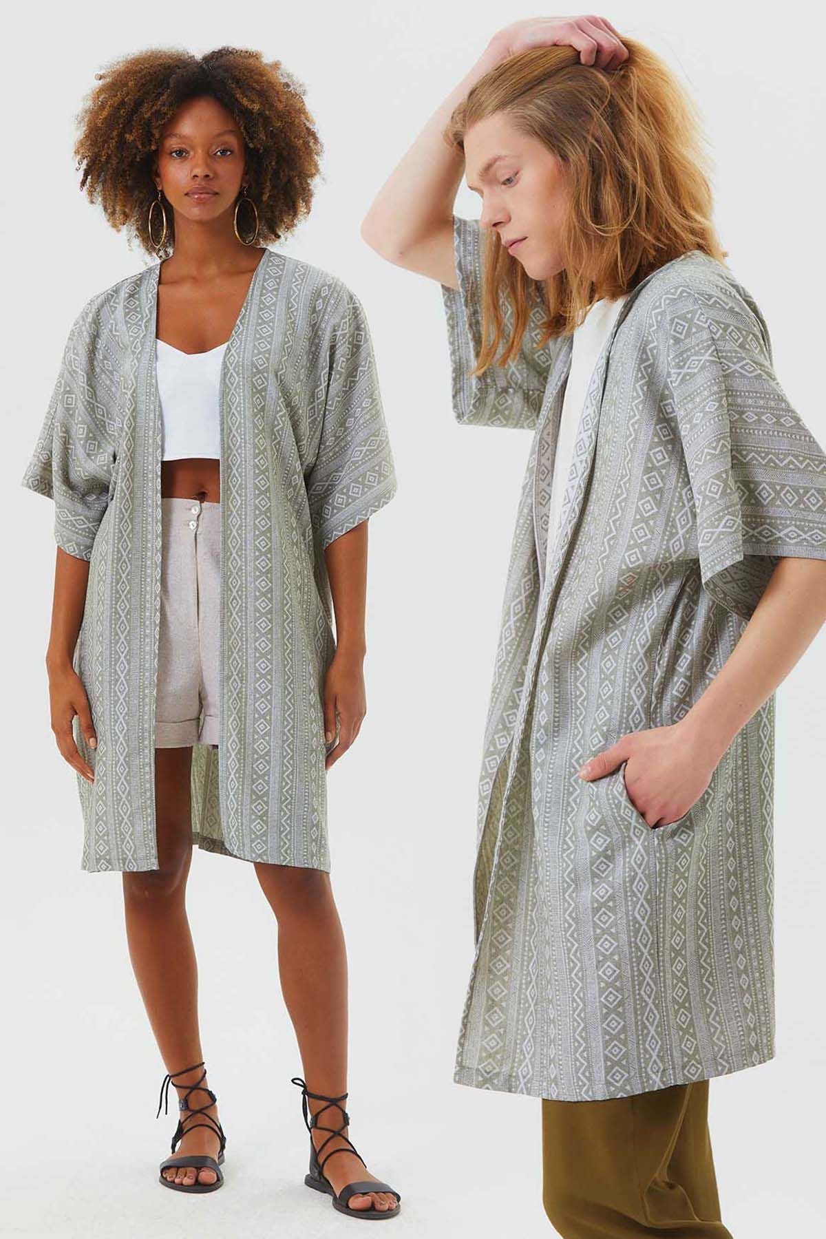 Short Sleeve Cotton Ethnic Kimono Khaki