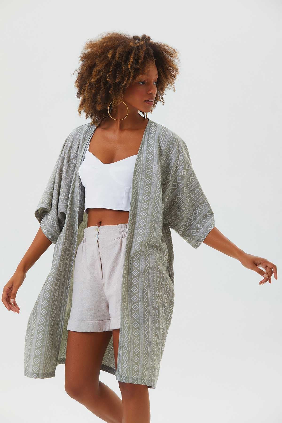 Short Sleeve Cotton Ethnic Kimono Khaki