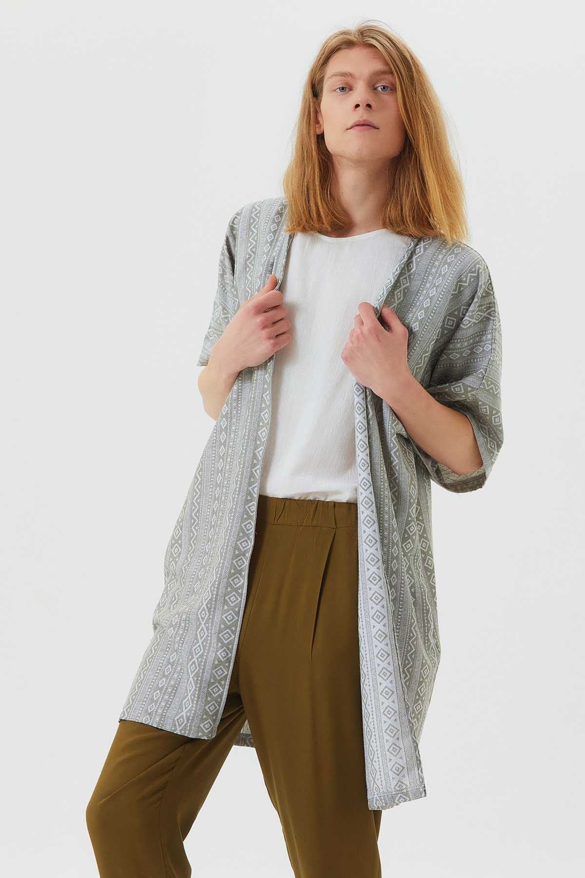 Short Sleeve Cotton Ethnic Kimono Khaki