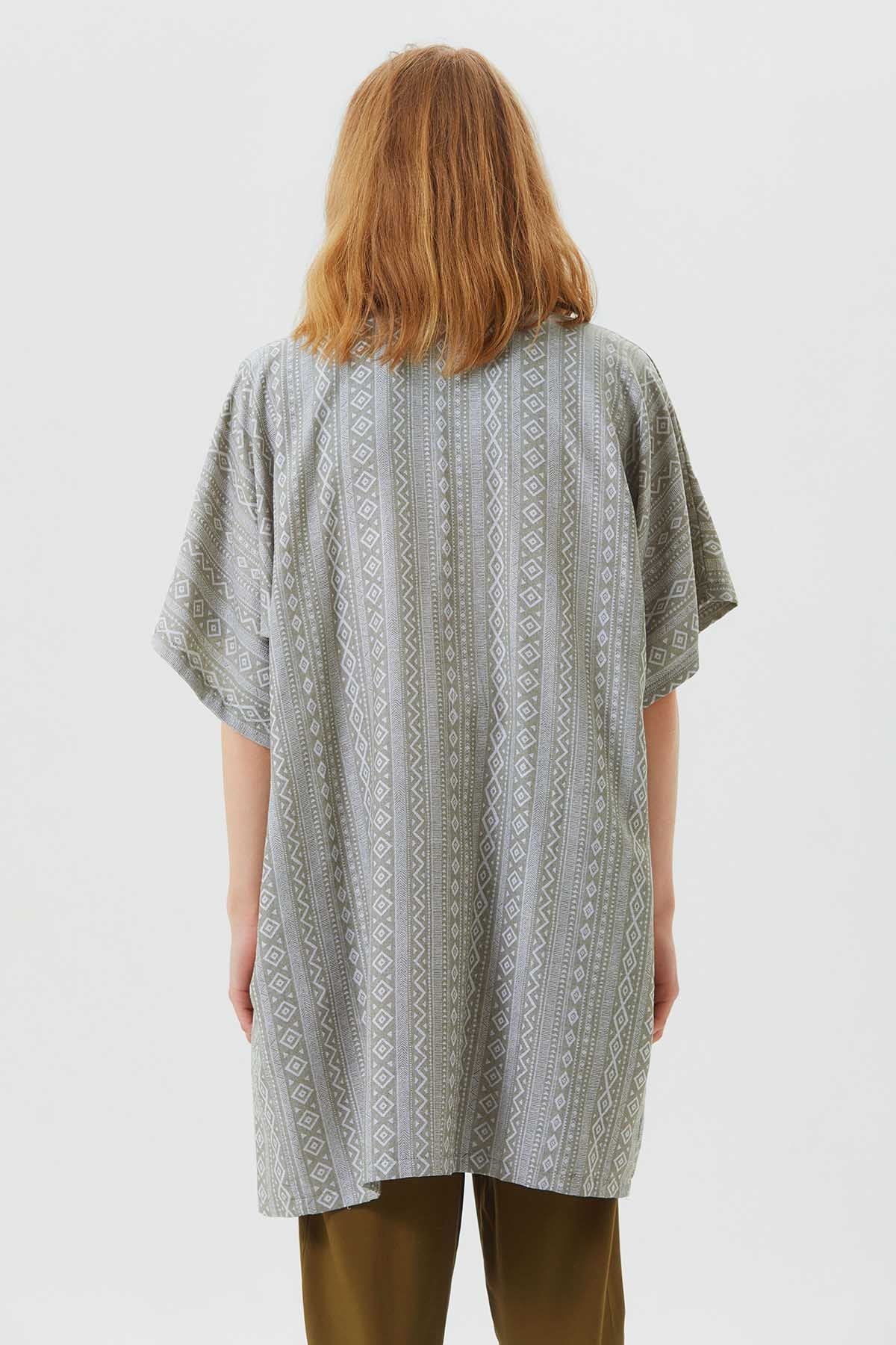 Short Sleeve Cotton Ethnic Kimono Khaki