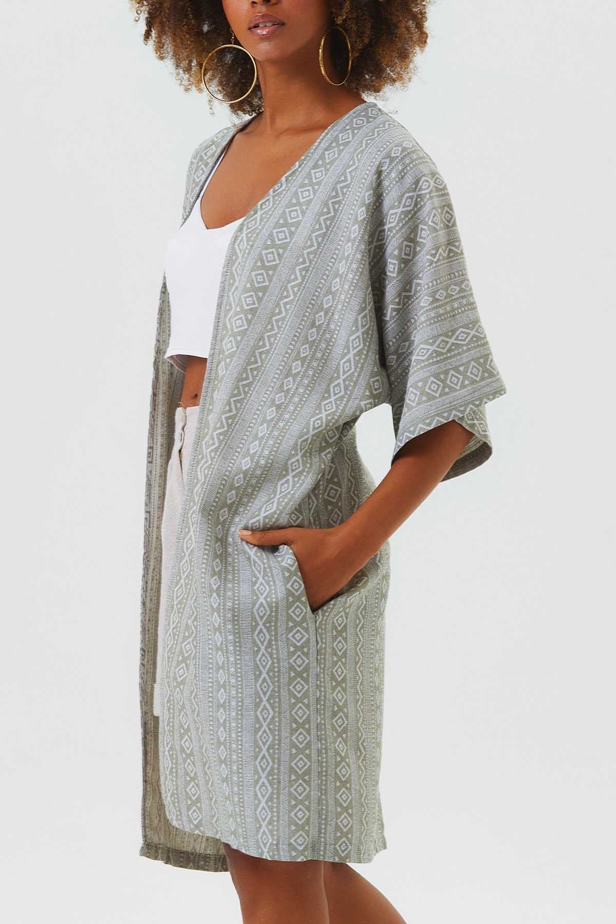 Short Sleeve Cotton Ethnic Kimono Khaki