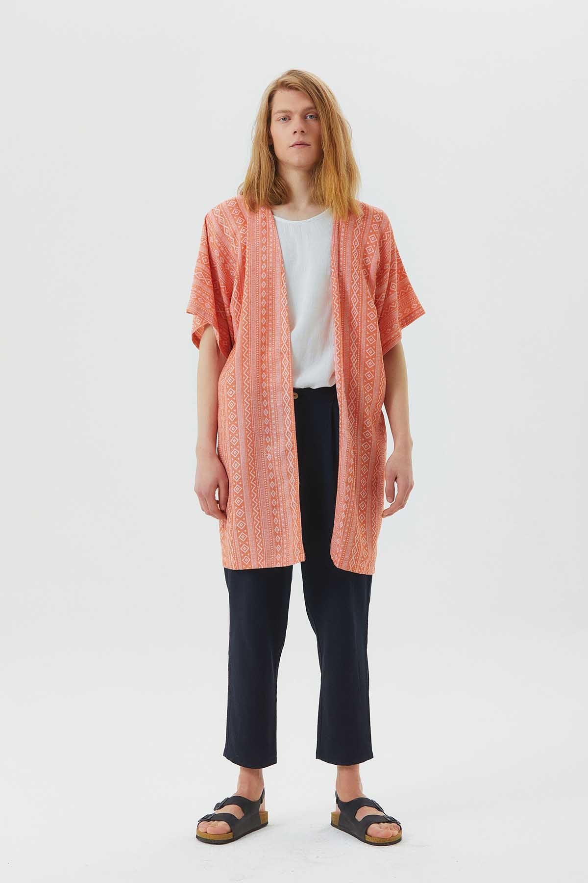 Short Sleeve Cotton Ethnic Kimono Orange