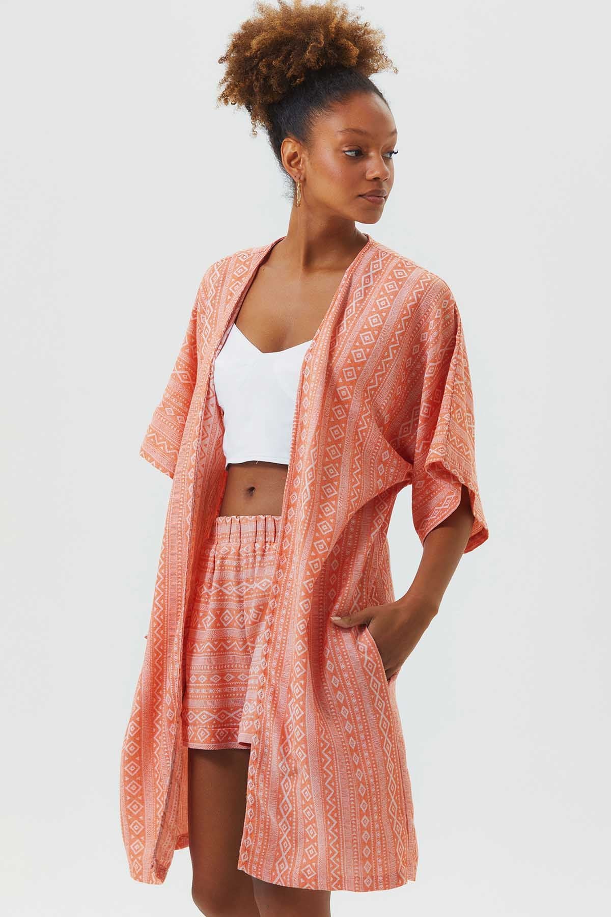 Short Sleeve Cotton Ethnic Kimono Orange