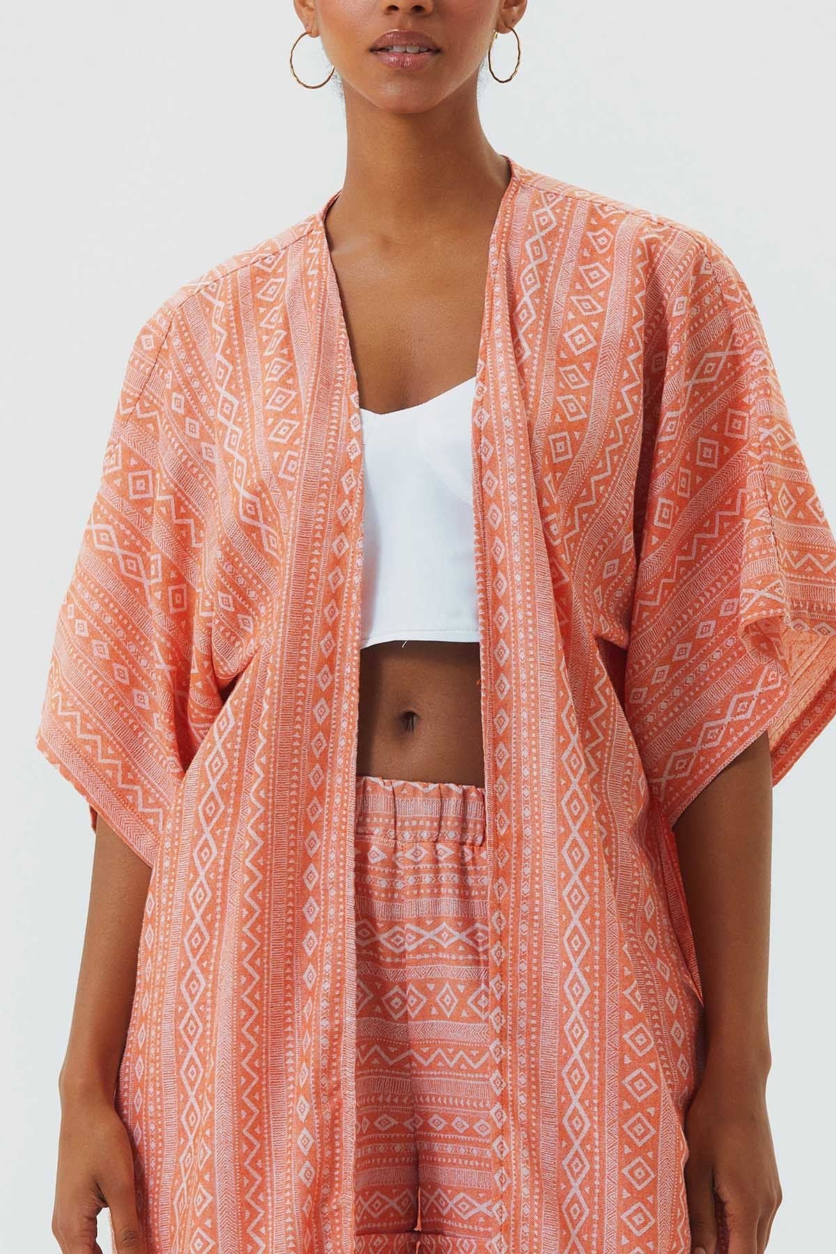 Short Sleeve Cotton Ethnic Kimono Orange