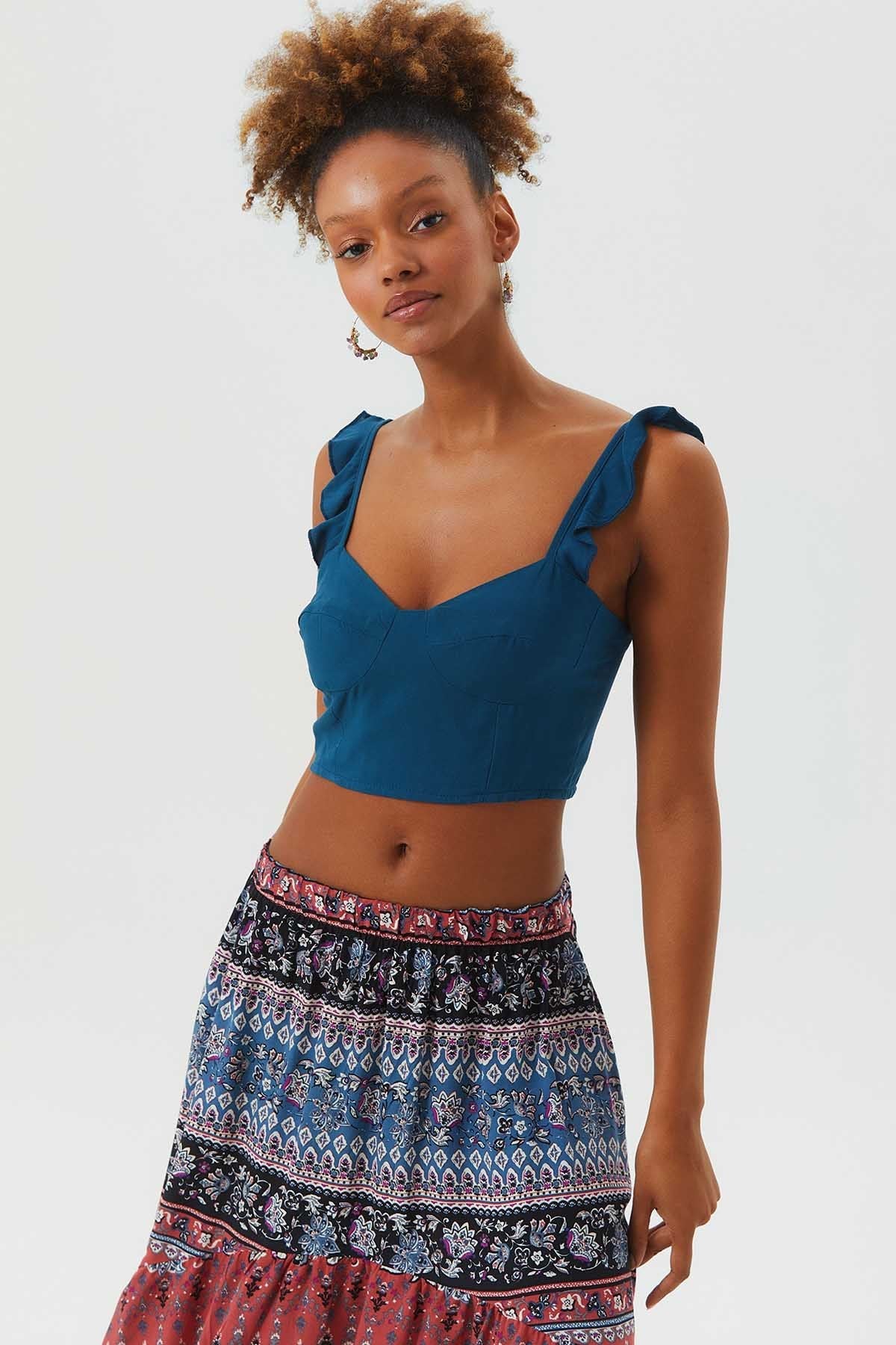 Sweetheart Neckline Crop Top Dark Blue