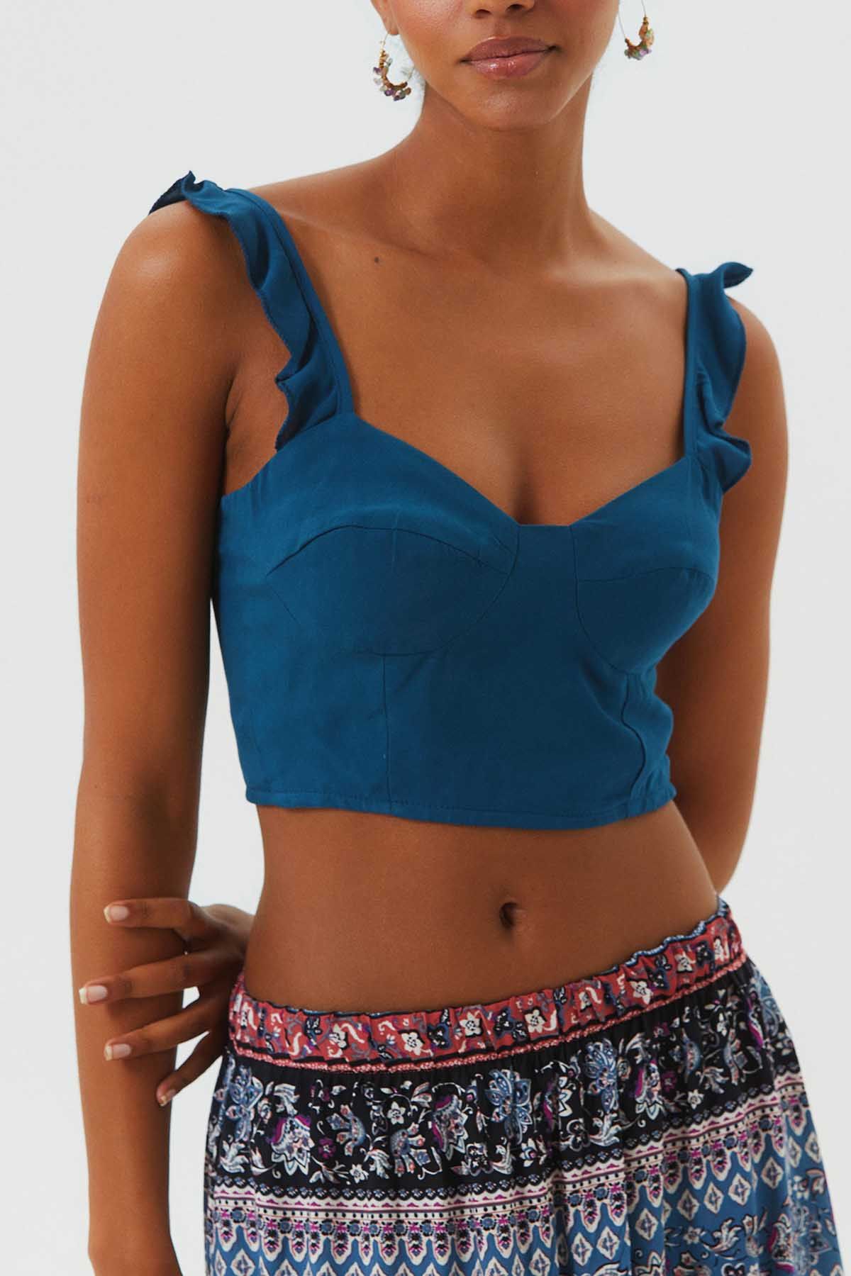 Sweetheart Neckline Crop Top Dark Blue