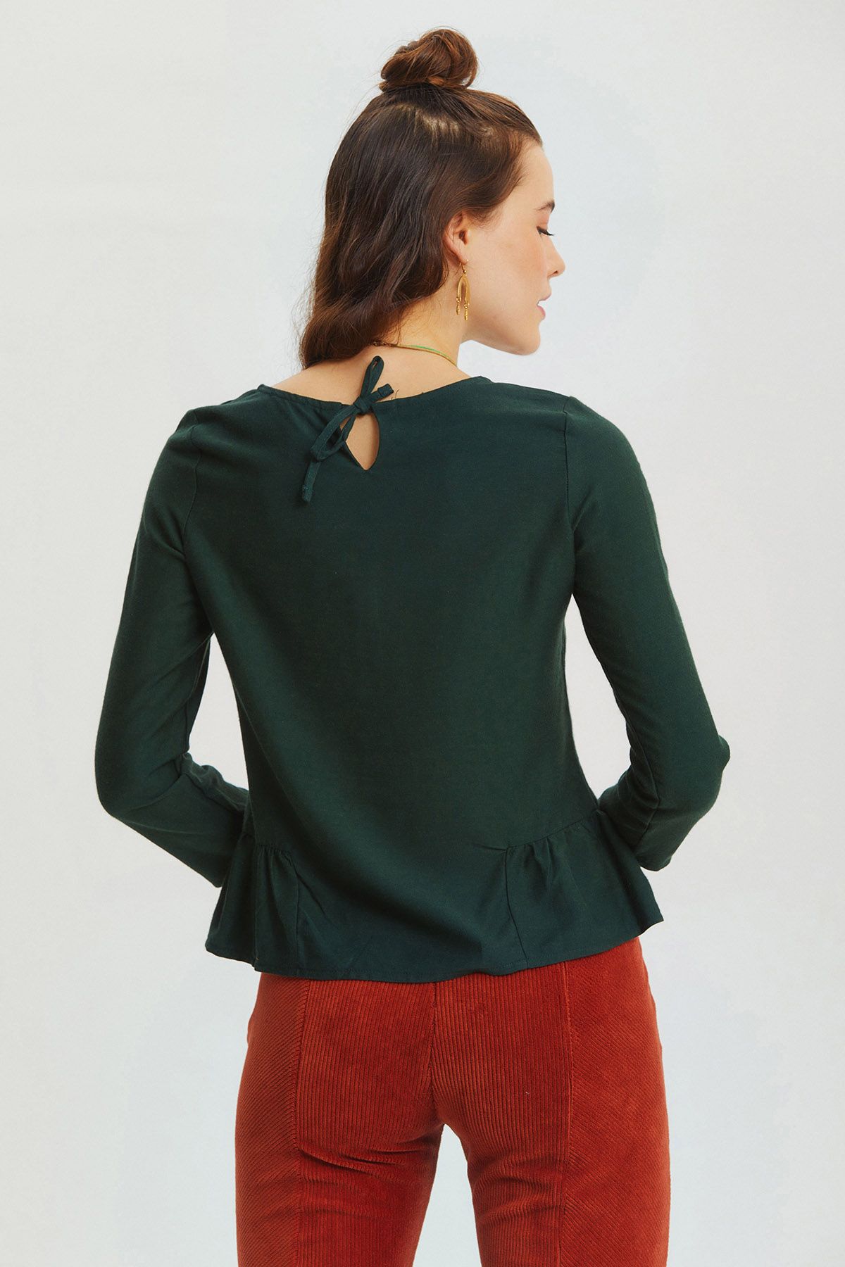 Shirring Detailed Solid Color Blouse Green