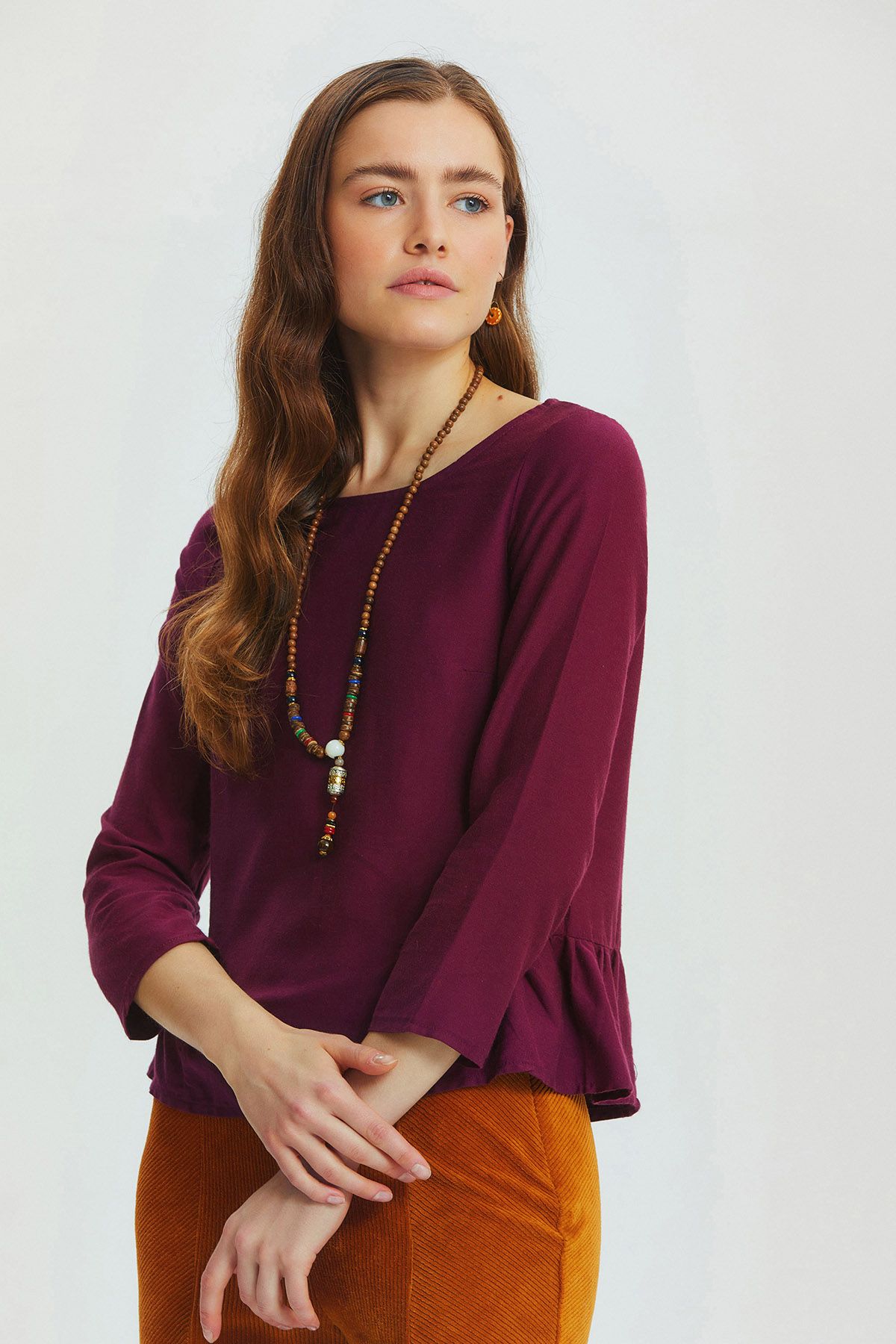Shirring Detailed Solid Color Blouse Purple
