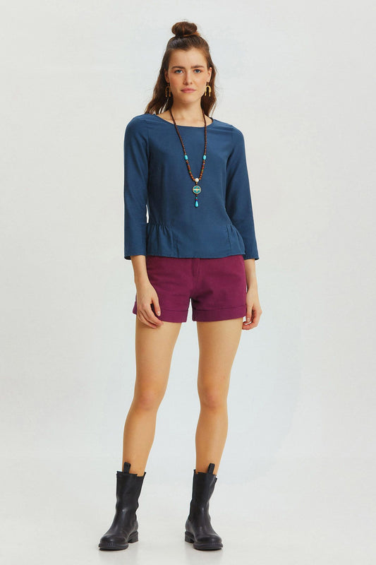 Shirring Detailed Solid Color Blouse Dark Blue