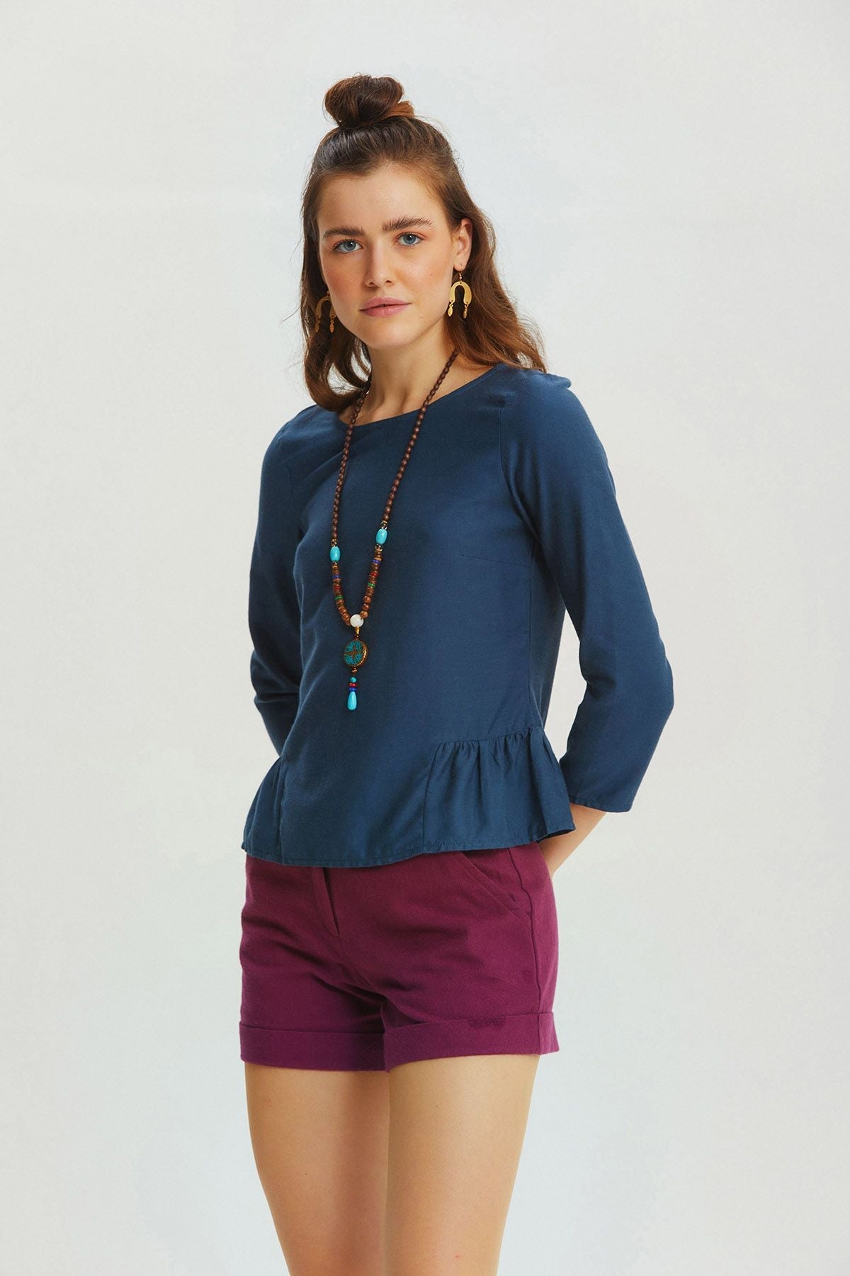 Shirring Detailed Solid Color Blouse Dark Blue