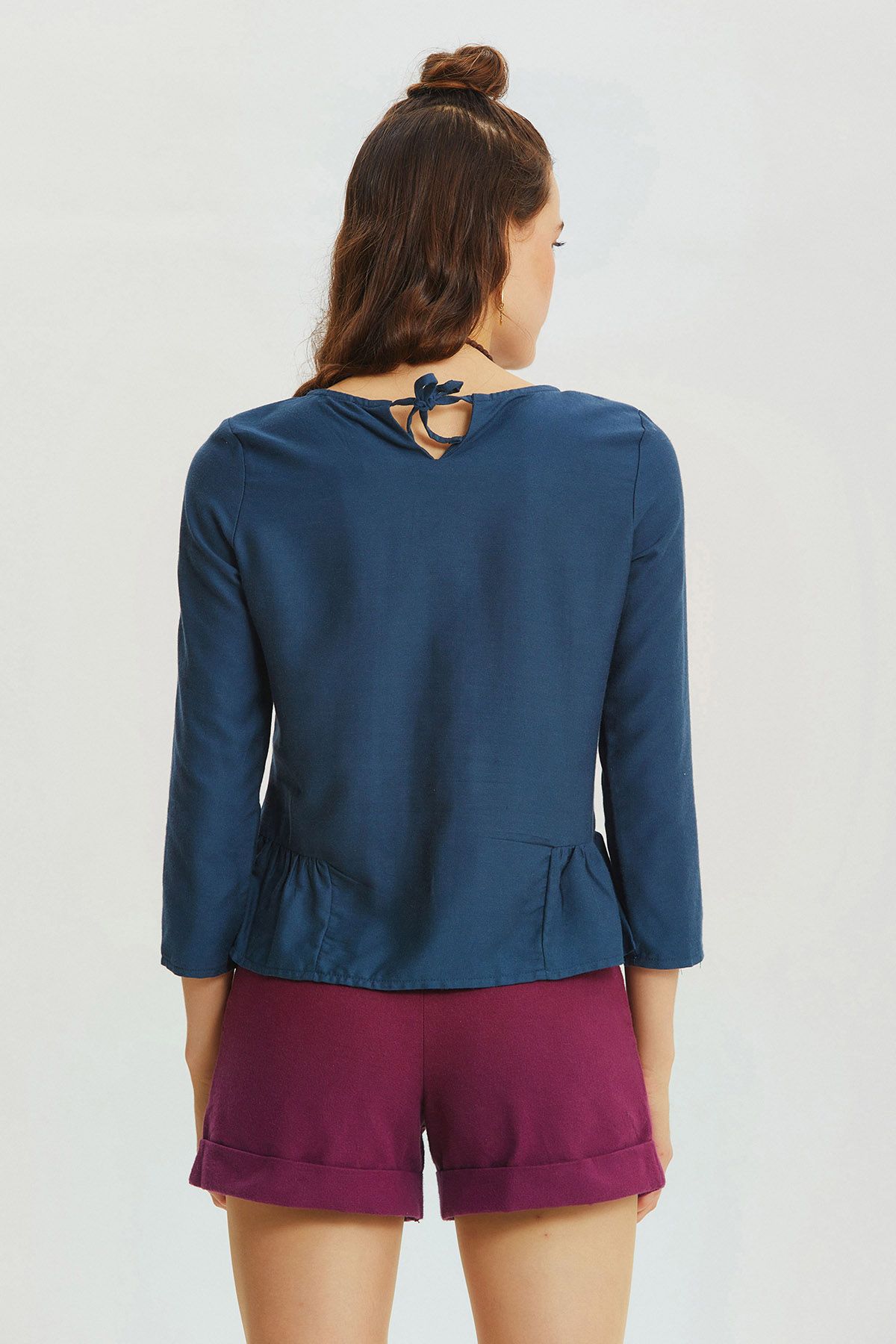 Shirring Detailed Solid Color Blouse Dark Blue