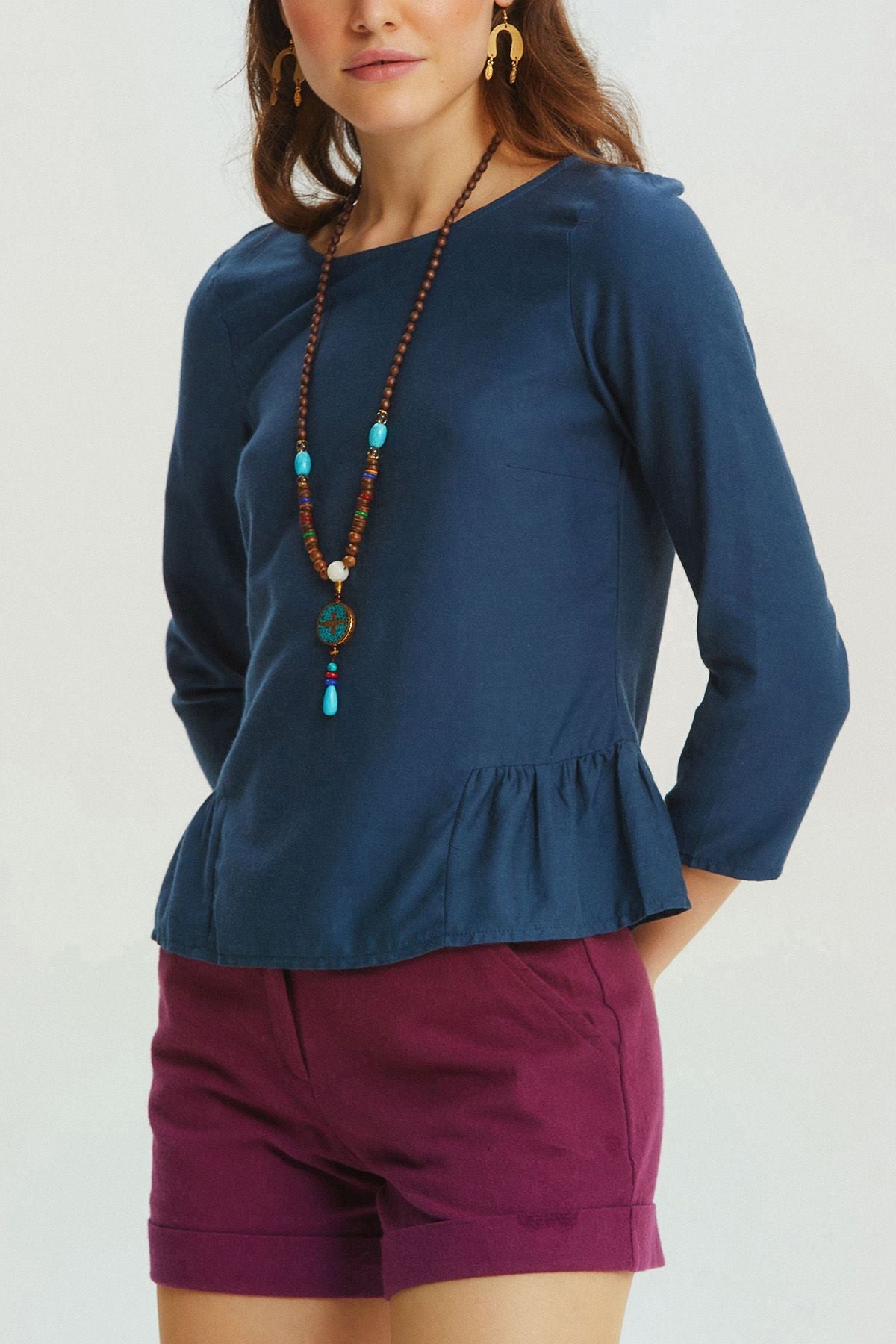 Shirring Detailed Solid Color Blouse Dark Blue