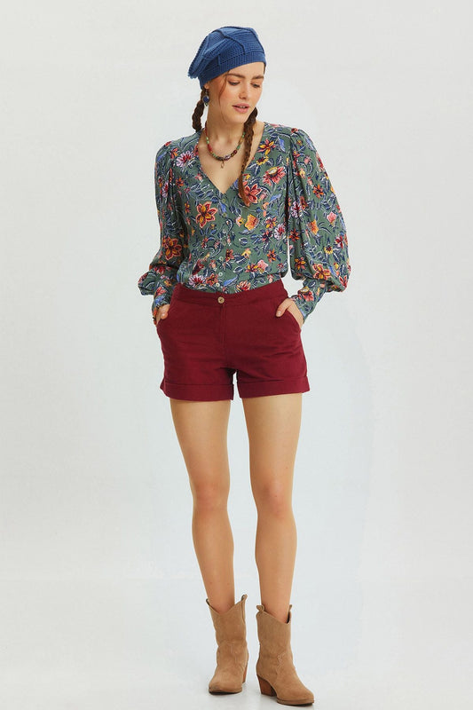 Sleeve Detailed Floral Retro Women's Shirt Gray