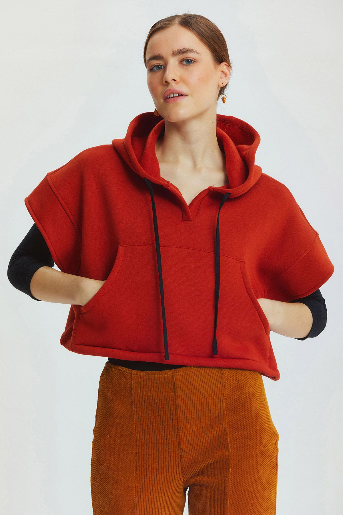 Hooded Cotton Crop Sweatshirt Orange