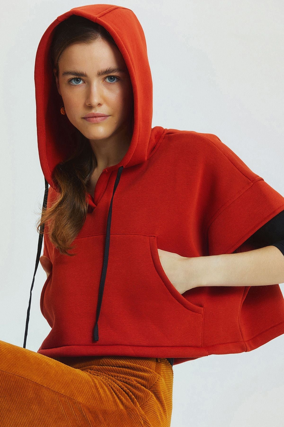 Hooded Cotton Crop Sweatshirt Orange