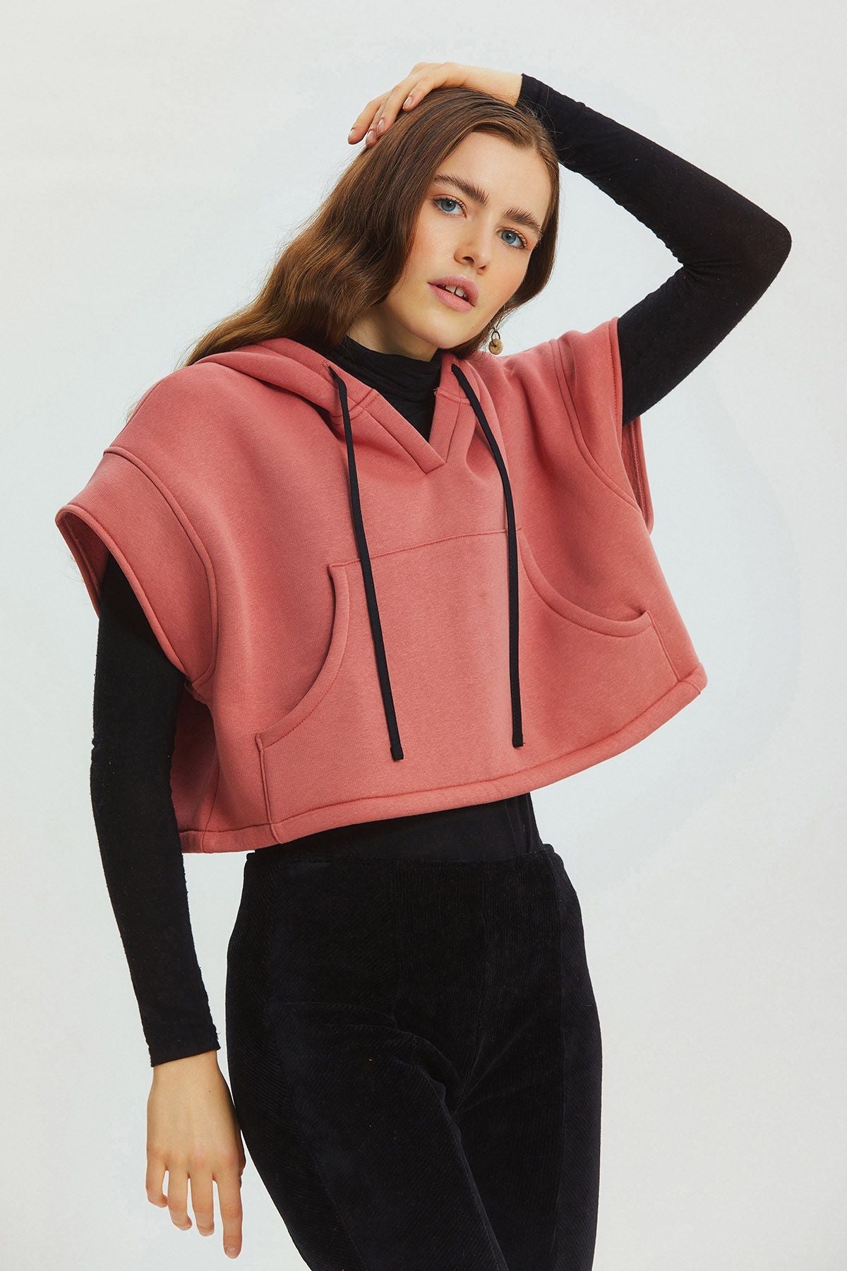 Hooded Cotton Crop Sweatshirt Pink