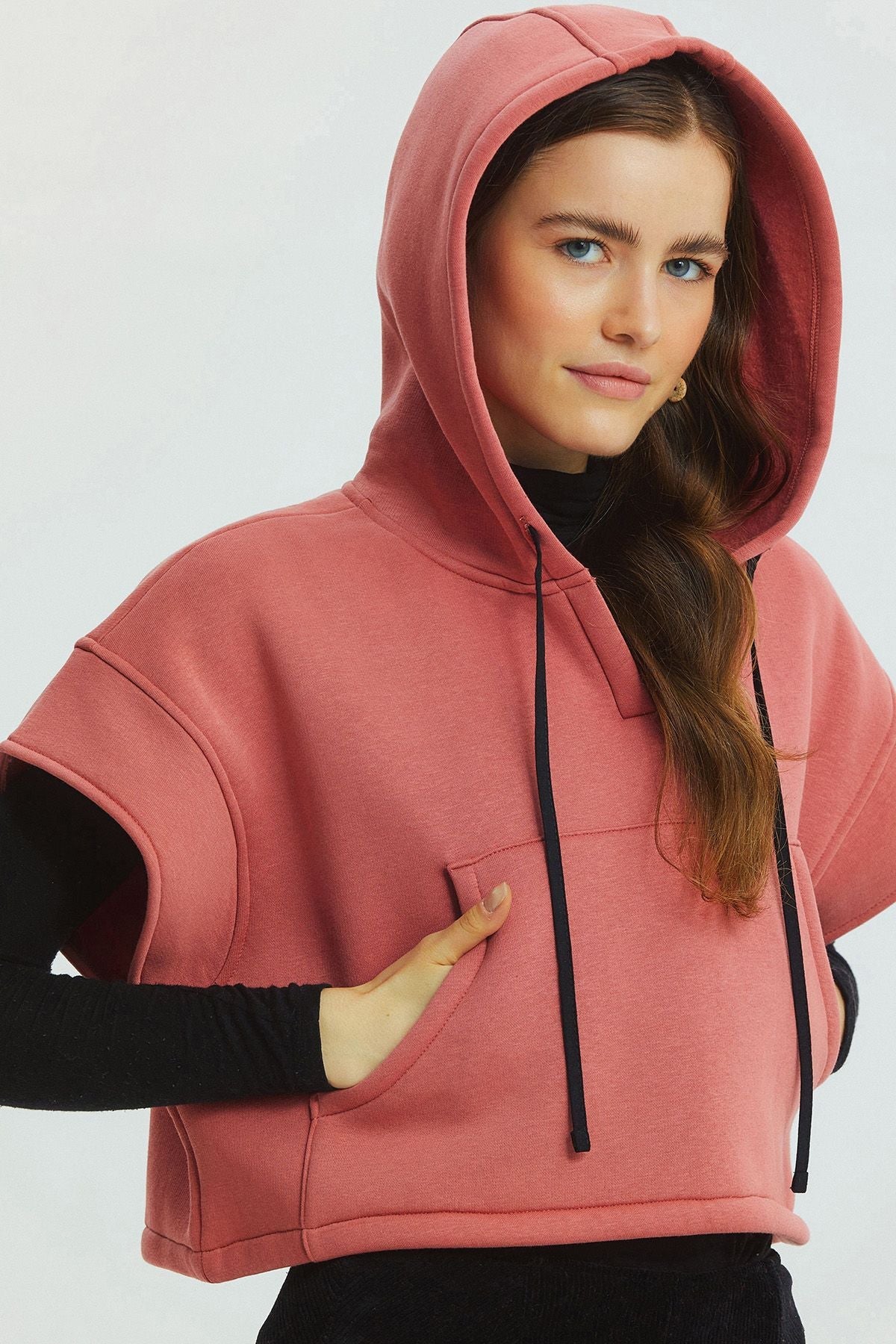 Hooded Cotton Crop Sweatshirt Pink
