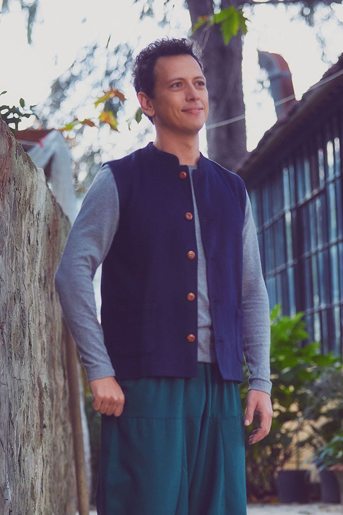Band Collar Boho Men's Vest Dark Blue