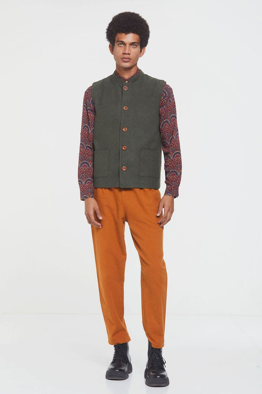 Band Collar Boho Men's Vest Green